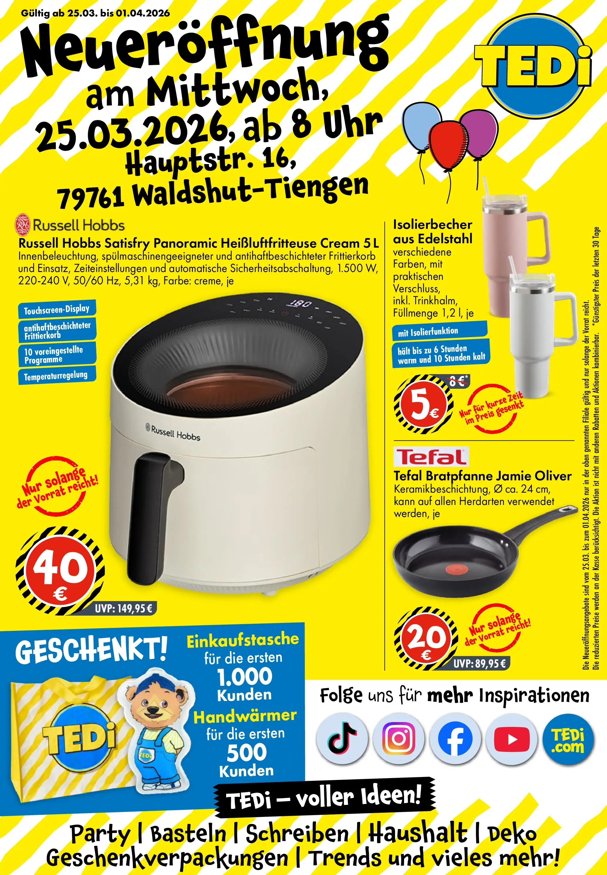 TEDi - TEDi Neueröffnung Waldshut-Tiengen | März (ab 25.03.2026) zum Blättern | Seite: 1 | Produkte: Heißluftfritteuse, Uhr