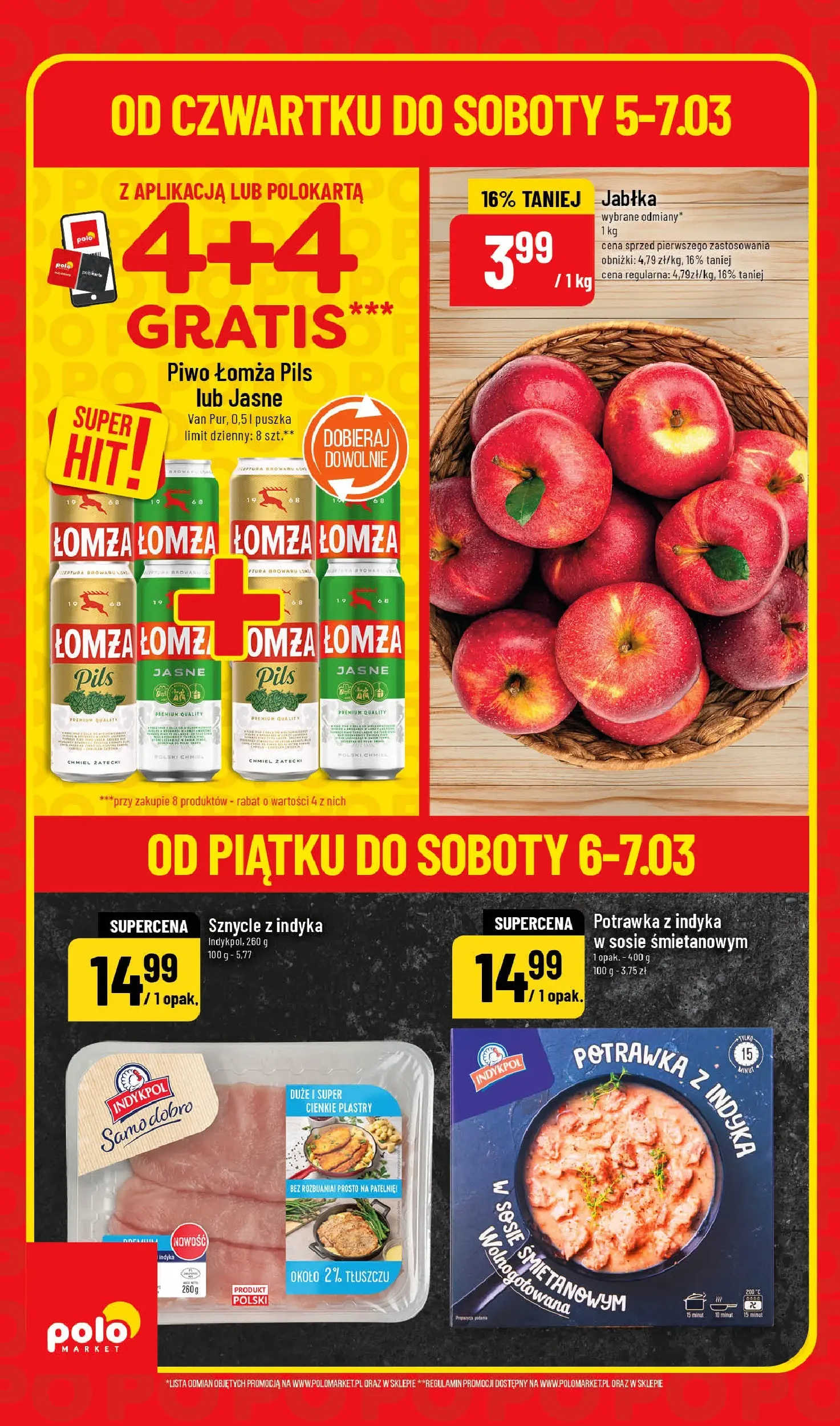 Nowa POLOmarket gazetka od jutra 05.03.2026 (PDF) | Strona: 6 | Produkty: Sznycle z indyka, Patelnie, Piwo, Jabłka