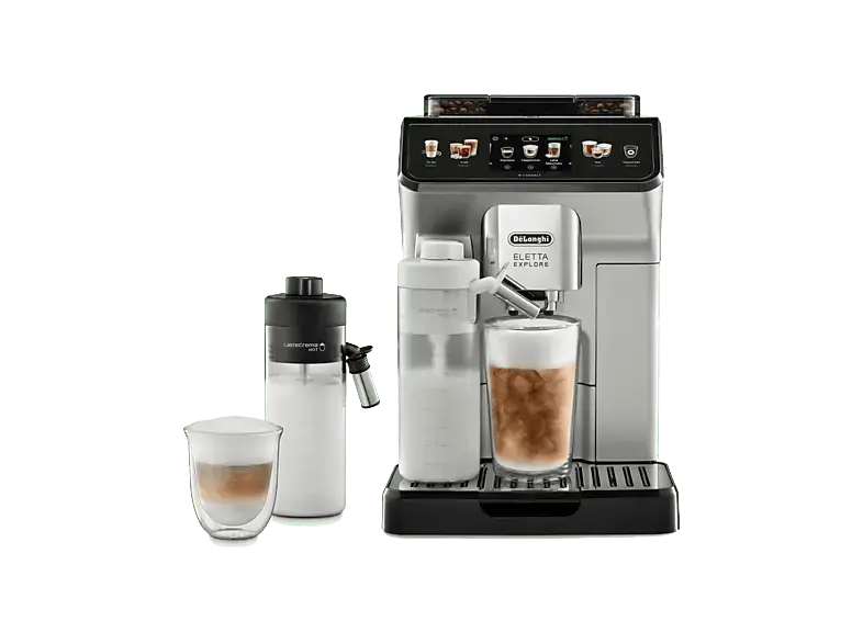 De'Longhi ECAM450.65.S Eletta Explore Cold Brew Kaffeevollautomat mit 2 externen Milchtanks (Latte Crema Hot & Latte Crema Cool) (Silber, Mahlwerk mit 13 Stufen, 19 bar, externer Milchbeh&auml;lter)