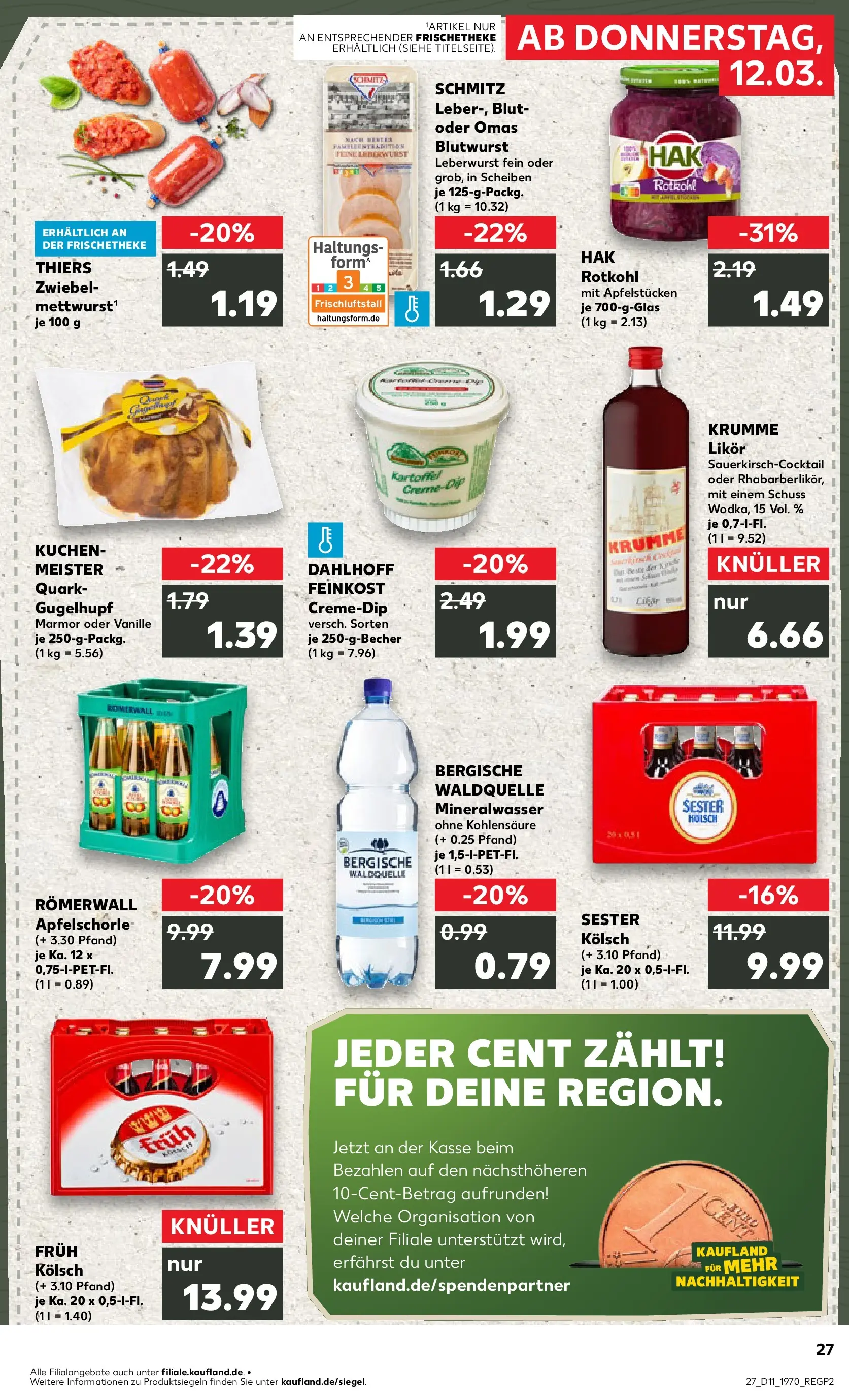 Prospekt Kaufland ab 12.03.2026 » Angebote Online zum Blättern | Seite: 27 | Produkte: Quark, Likör, Mineralwasser, Kuchen