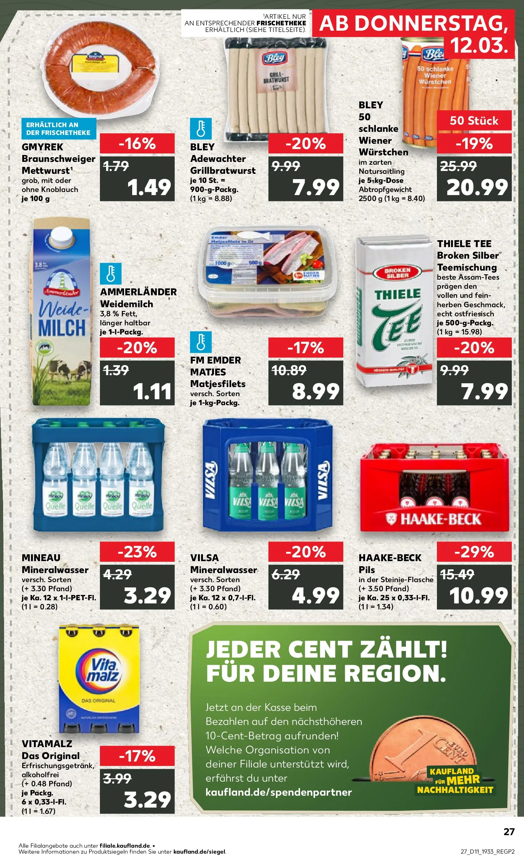 Prospekt Kaufland ab 12.03.2026 » Angebote Online zum Blättern | Seite: 27 | Produkte: Wiener wurstchen, Pils, Bratwurst, Mineralwasser