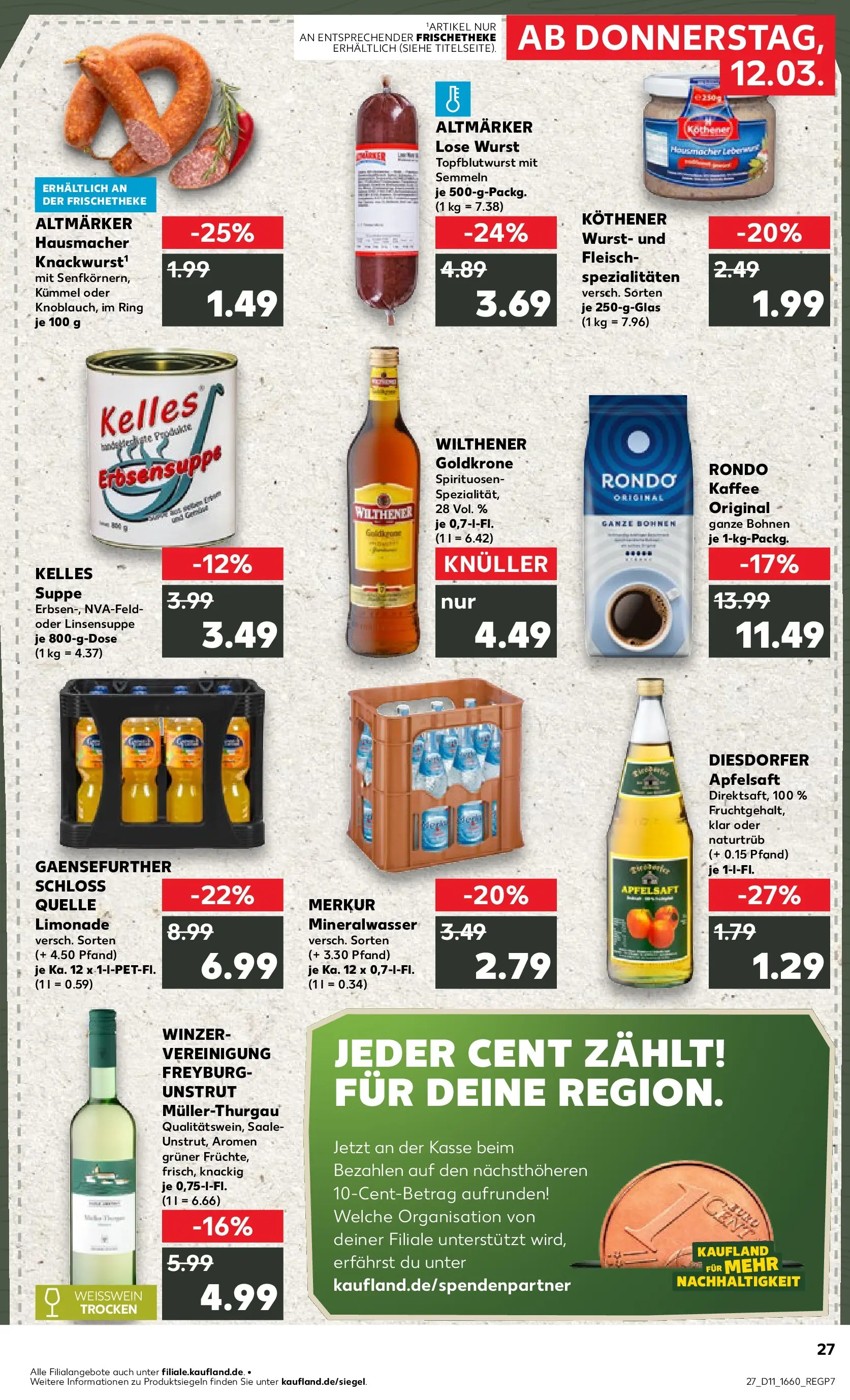 Prospekt Kaufland ab 12.03.2026 » Angebote Online zum Blättern | Seite: 27 | Produkte: Wilthener, Kaffee, Weißwein, Wurst