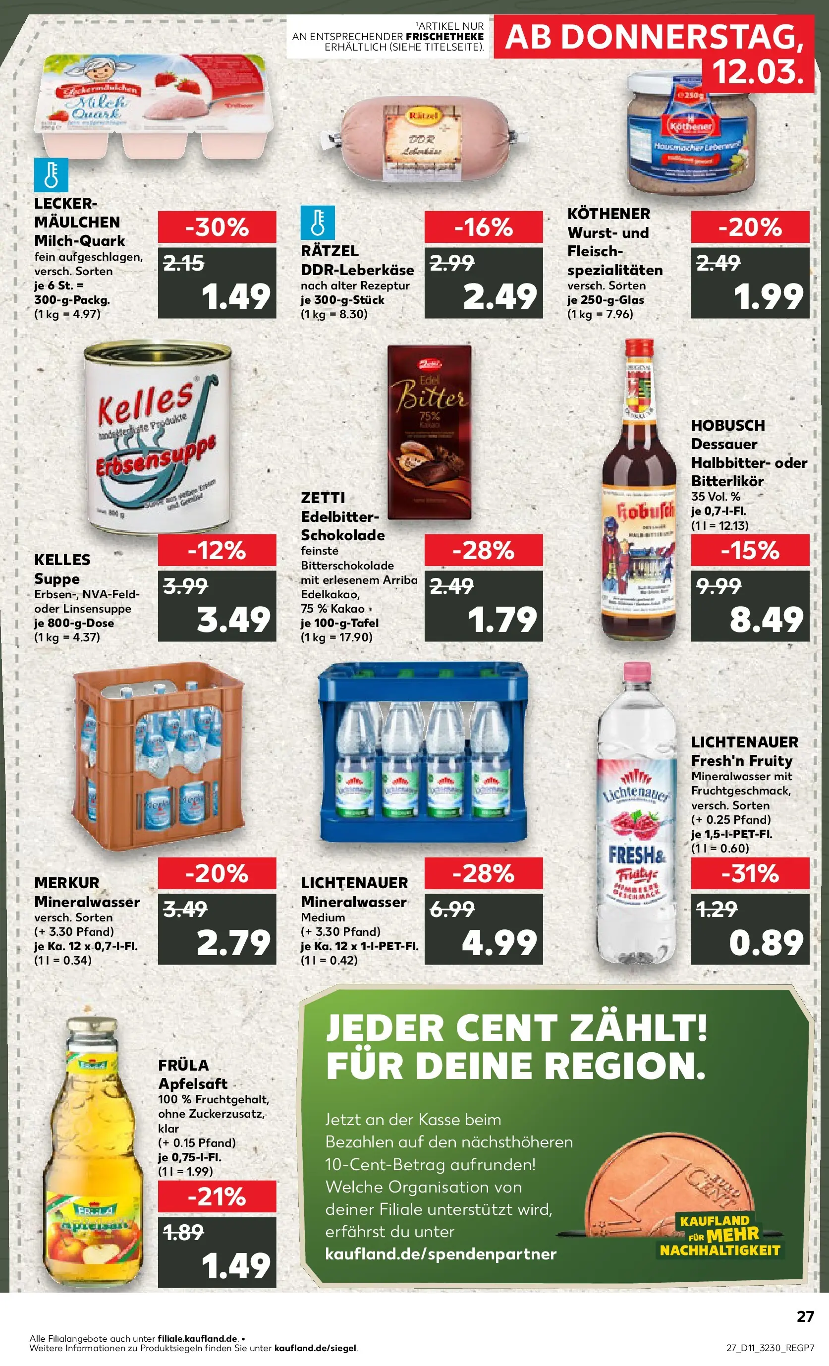 Prospekt Kaufland ab 12.03.2026 » Angebote Online zum Blättern | Seite: 27 | Produkte: Schokolade, Apfelsaft, Mineralwasser, Fleisch