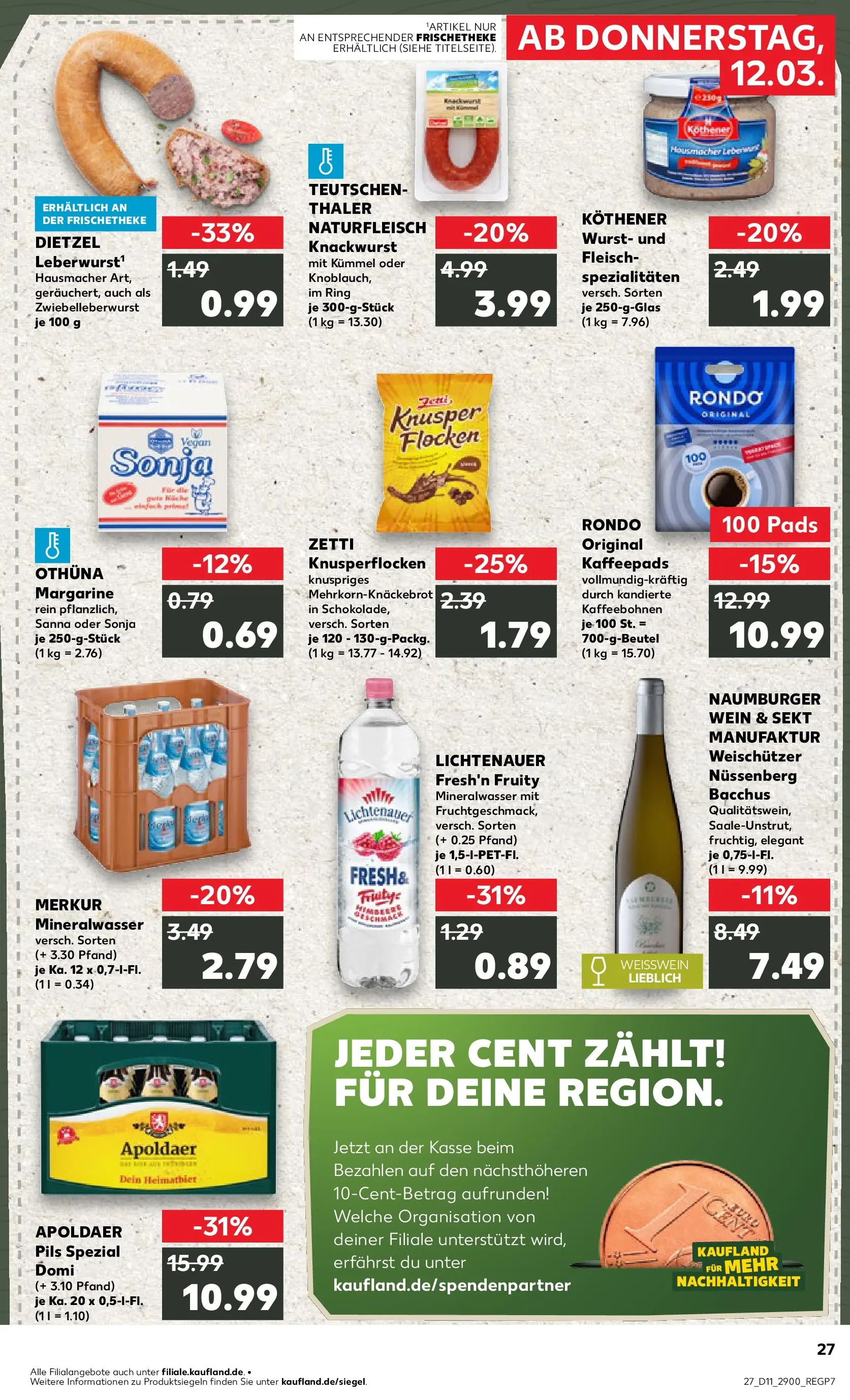 Prospekt Kaufland ab 12.03.2026 » Angebote Online zum Blättern | Seite: 27 | Produkte: Kaffeepads, Mineralwasser, Wurst, Wein