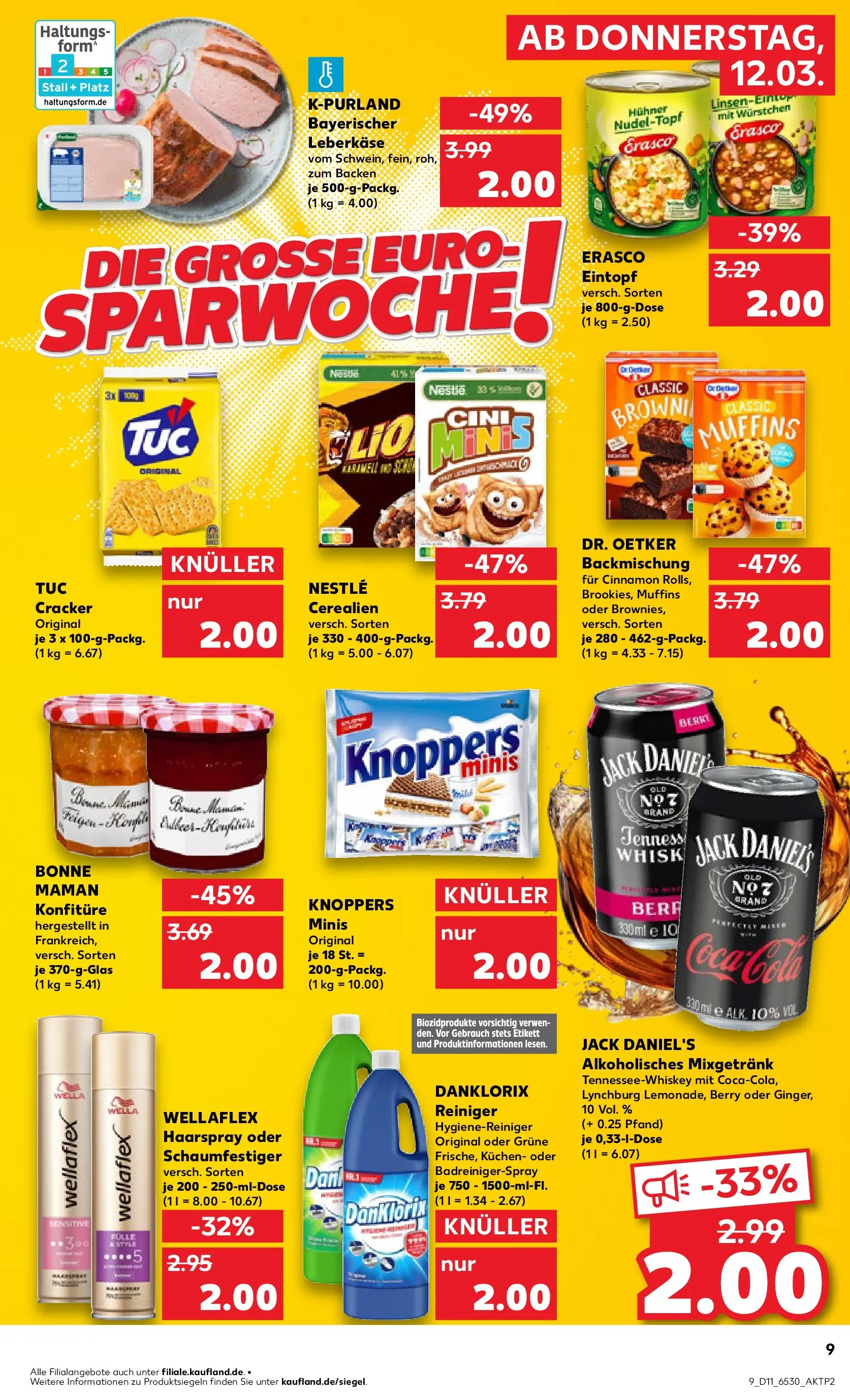 Prospekt Kaufland ab 12.03.2026 » Angebote Online zum Blättern | Seite: 9 | Produkte: Jack Daniel's, Haarspray, Kuchen, Leberkase