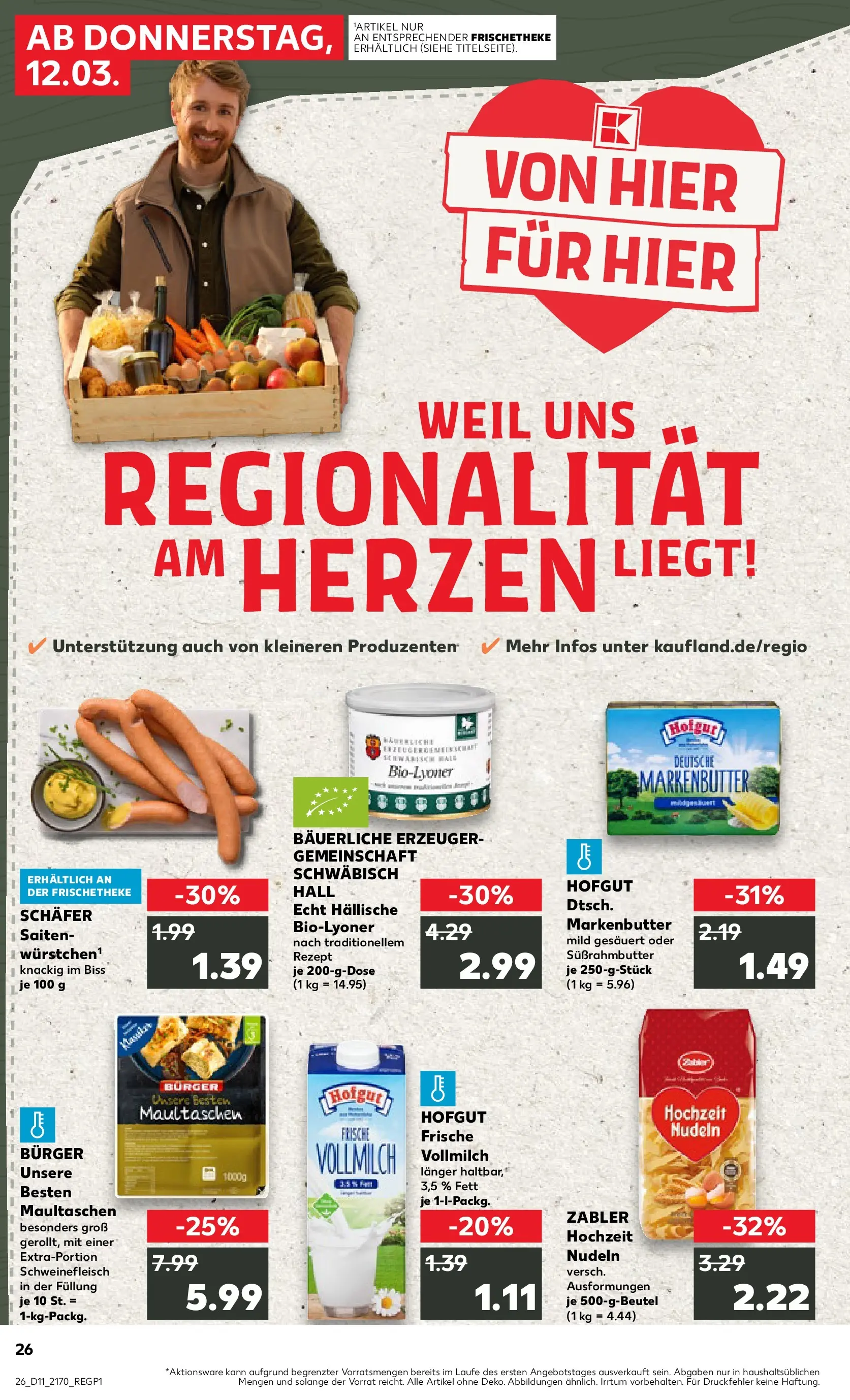 Prospekt Kaufland ab 12.03.2026 » Angebote Online zum Blättern | Seite: 26 | Produkte: Butter, Schweinefleisch, Nudeln, Maultaschen