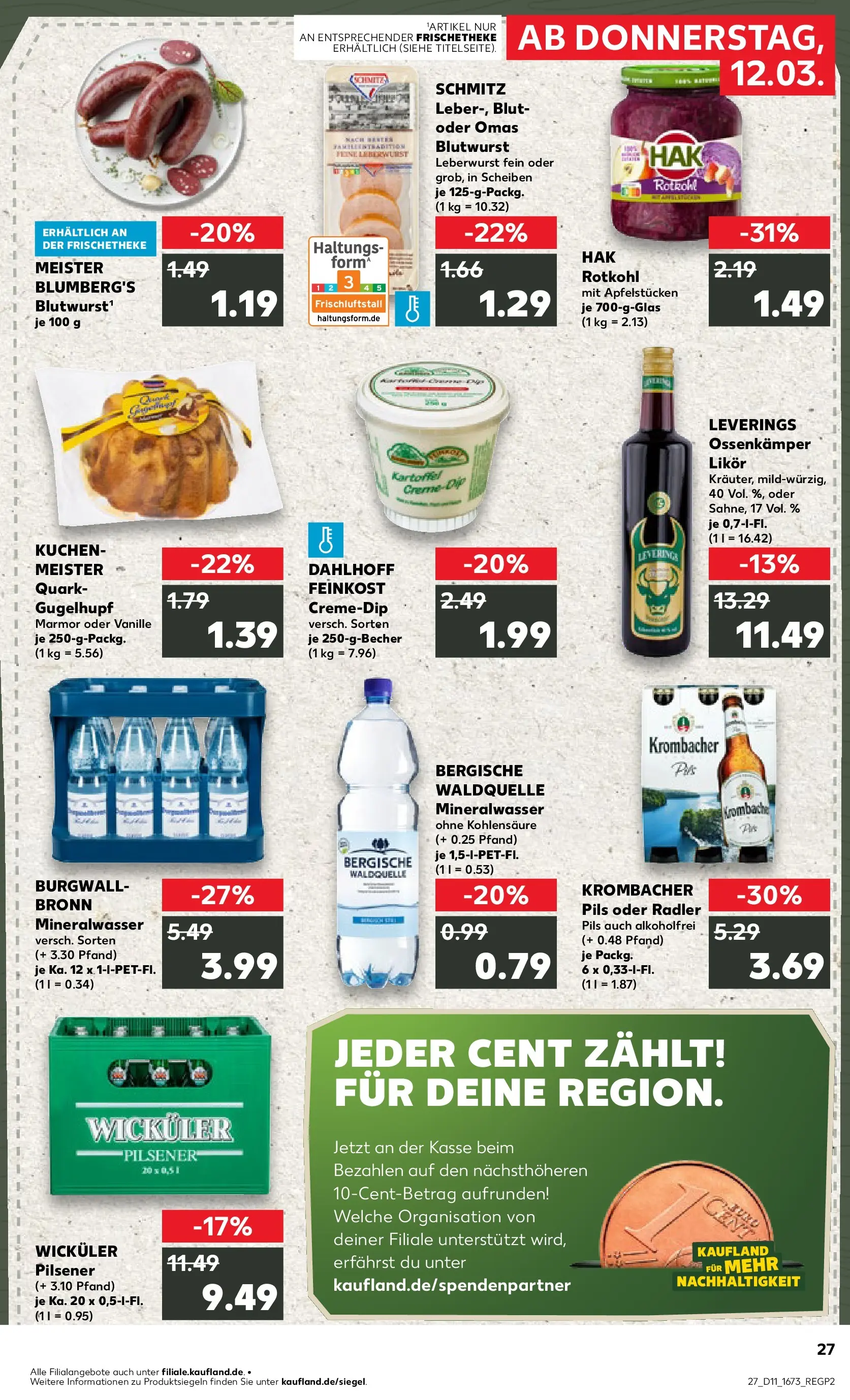 Prospekt Kaufland ab 12.03.2026 » Angebote Online zum Blättern | Seite: 27 | Produkte: Quark, Rotkohl, Likör, Pils