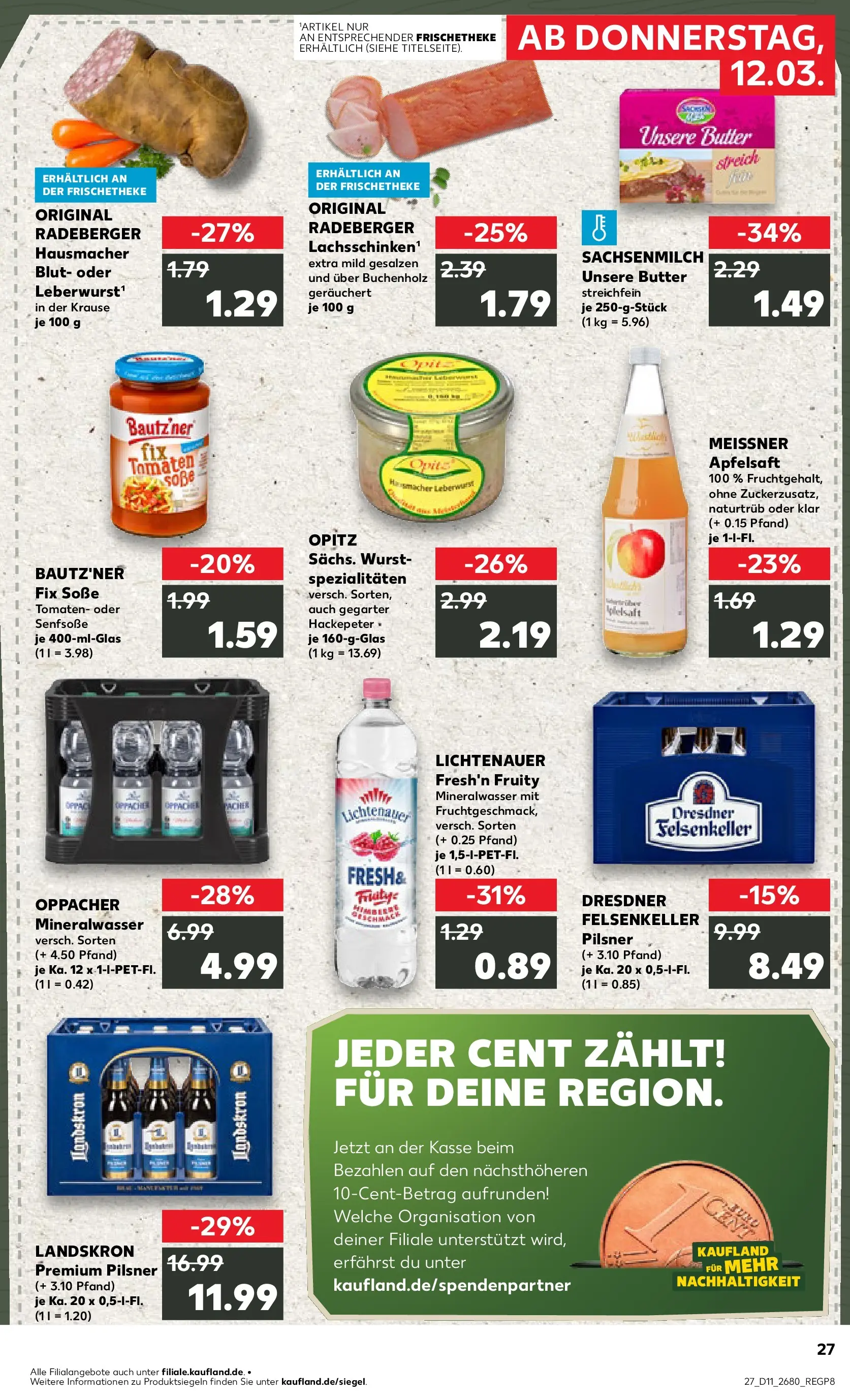 Prospekt Kaufland ab 11.03.2026 » Angebote Online zum Blättern | Seite: 27 | Produkte: Tomaten, Apfelsaft, Mineralwasser, Wurst