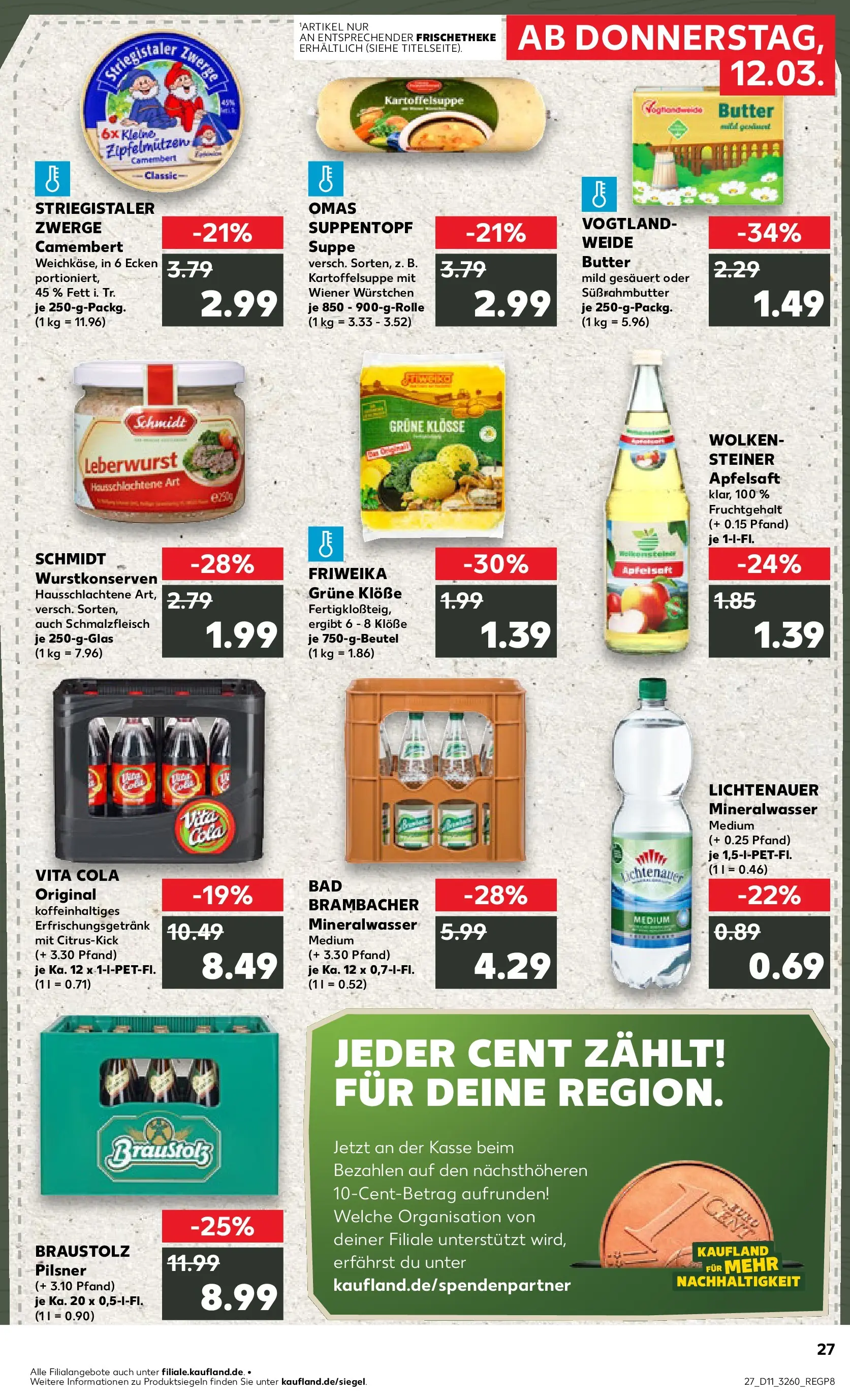 Prospekt Kaufland ab 12.03.2026 » Angebote Online zum Blättern | Seite: 27 | Produkte: Wiener wurstchen, Butter, Bad, Mineralwasser