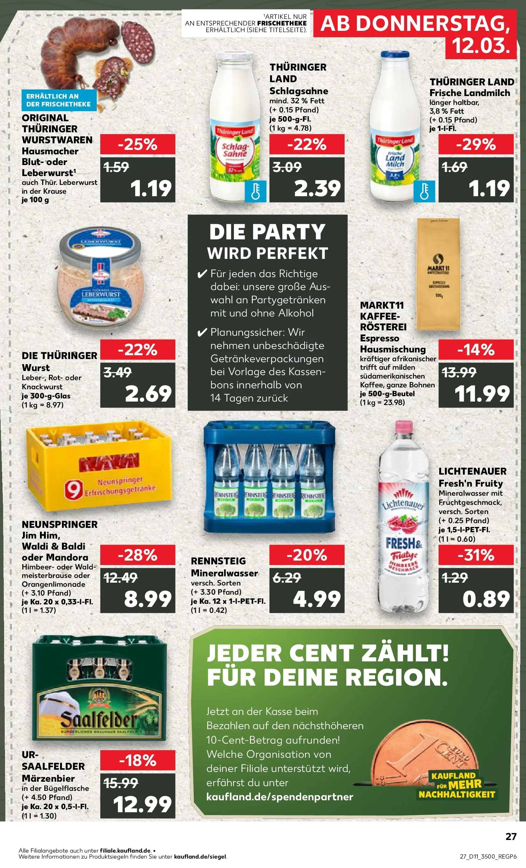 Prospekt Kaufland ab 12.03.2026 » Angebote Online zum Blättern | Seite: 27 | Produkte: Schlagsahne, Milch, Kaffee, Wurst
