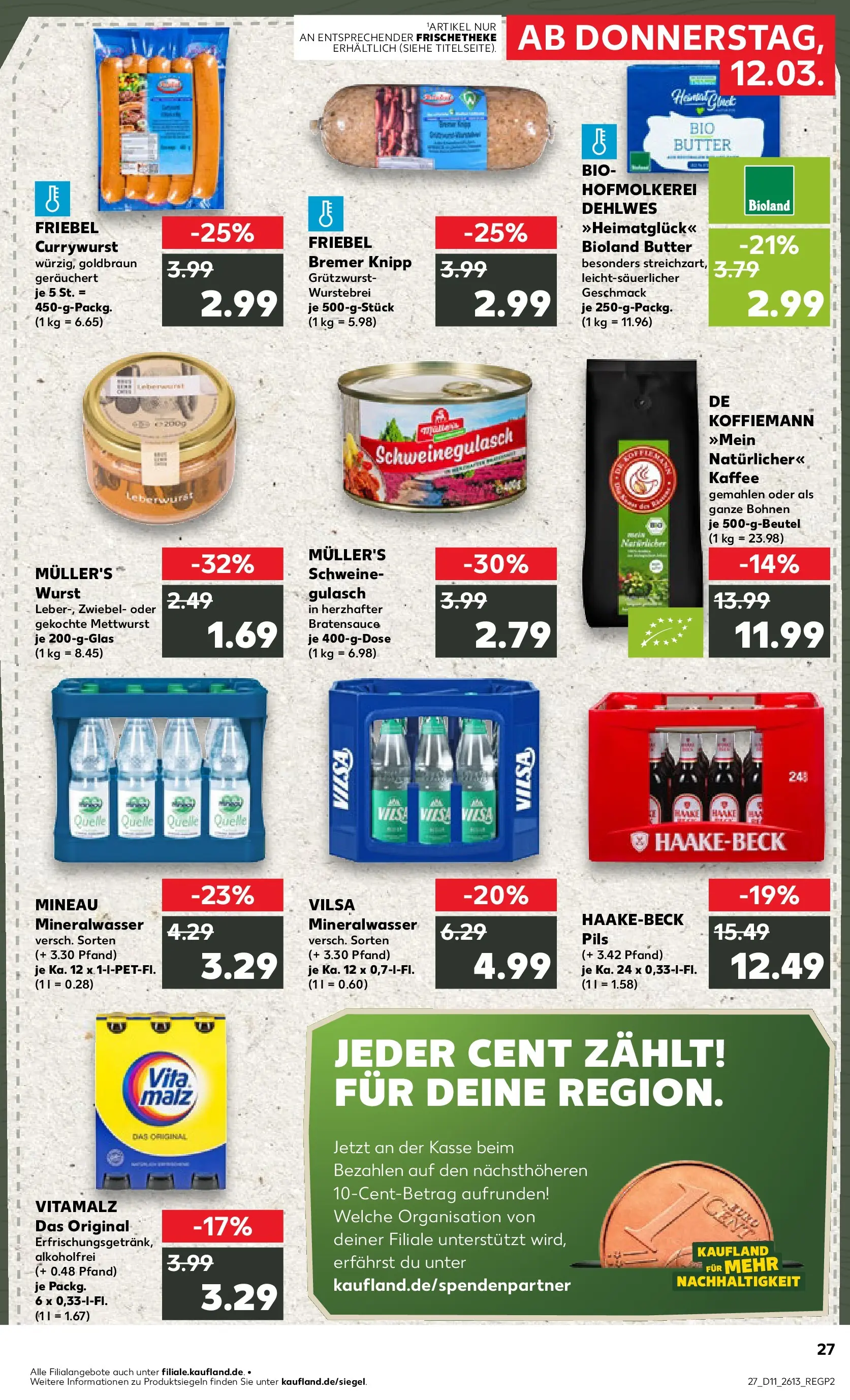 Prospekt Kaufland ab 12.03.2026 » Angebote Online zum Blättern | Seite: 27 | Produkte: Kaffee, Mineralwasser, Gulasch, Wurst