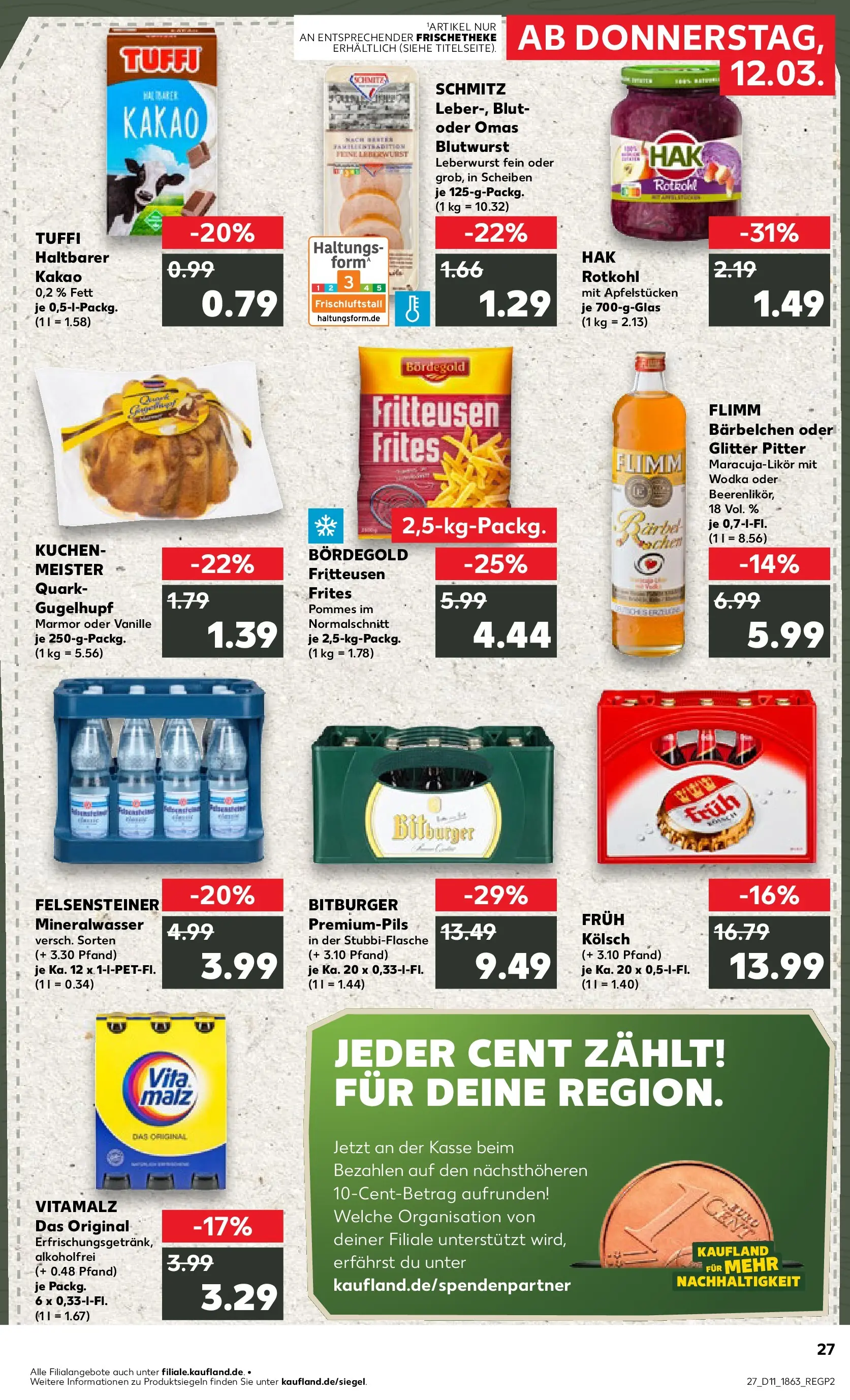 Prospekt Kaufland ab 12.03.2026 » Angebote Online zum Blättern | Seite: 27 | Produkte: Bitburger, Quark, Pommes, Mineralwasser