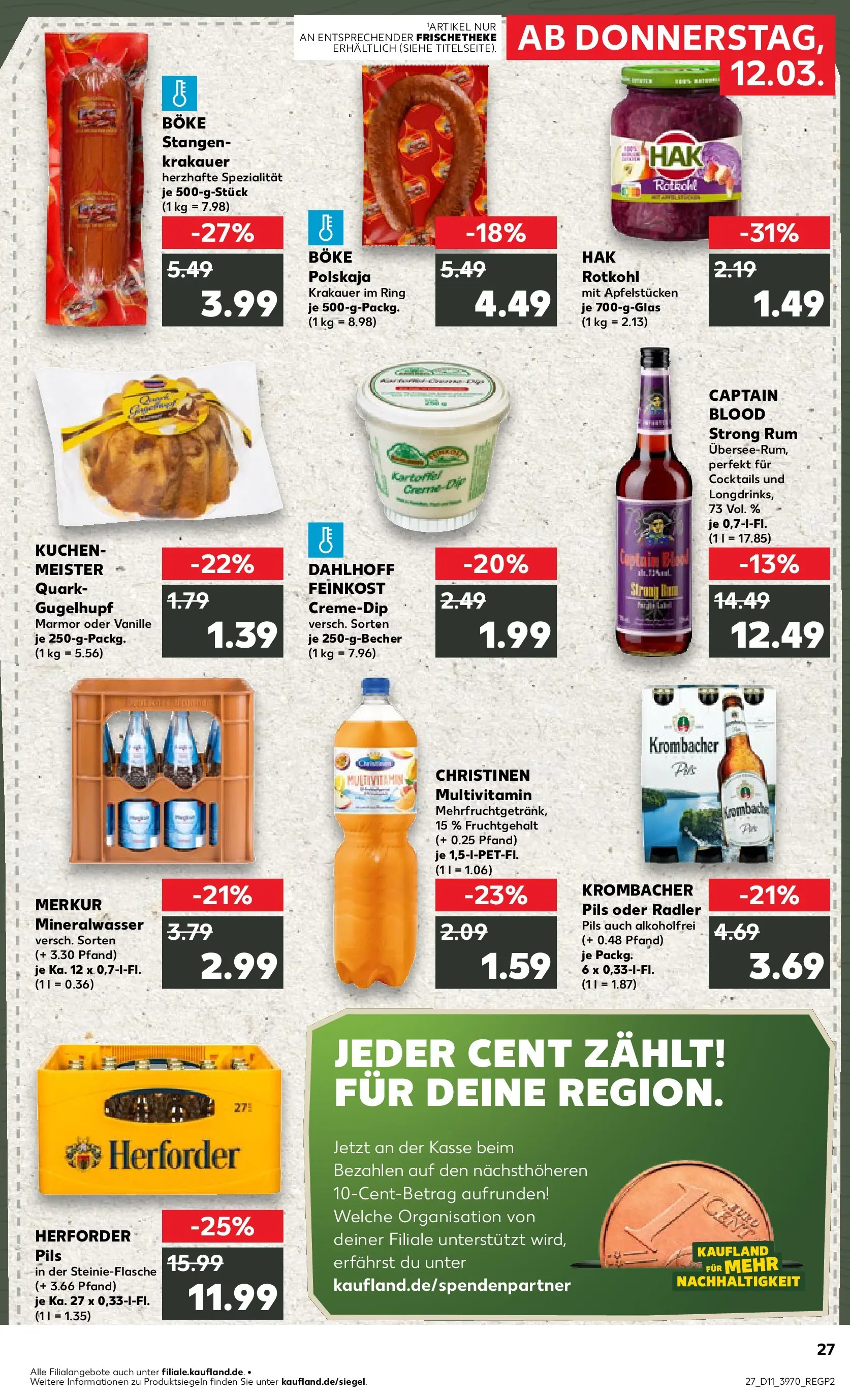 Prospekt Kaufland ab 12.03.2026 » Angebote Online zum Blättern | Seite: 27 | Produkte: Quark, Mineralwasser, Krombacher, Kuchen