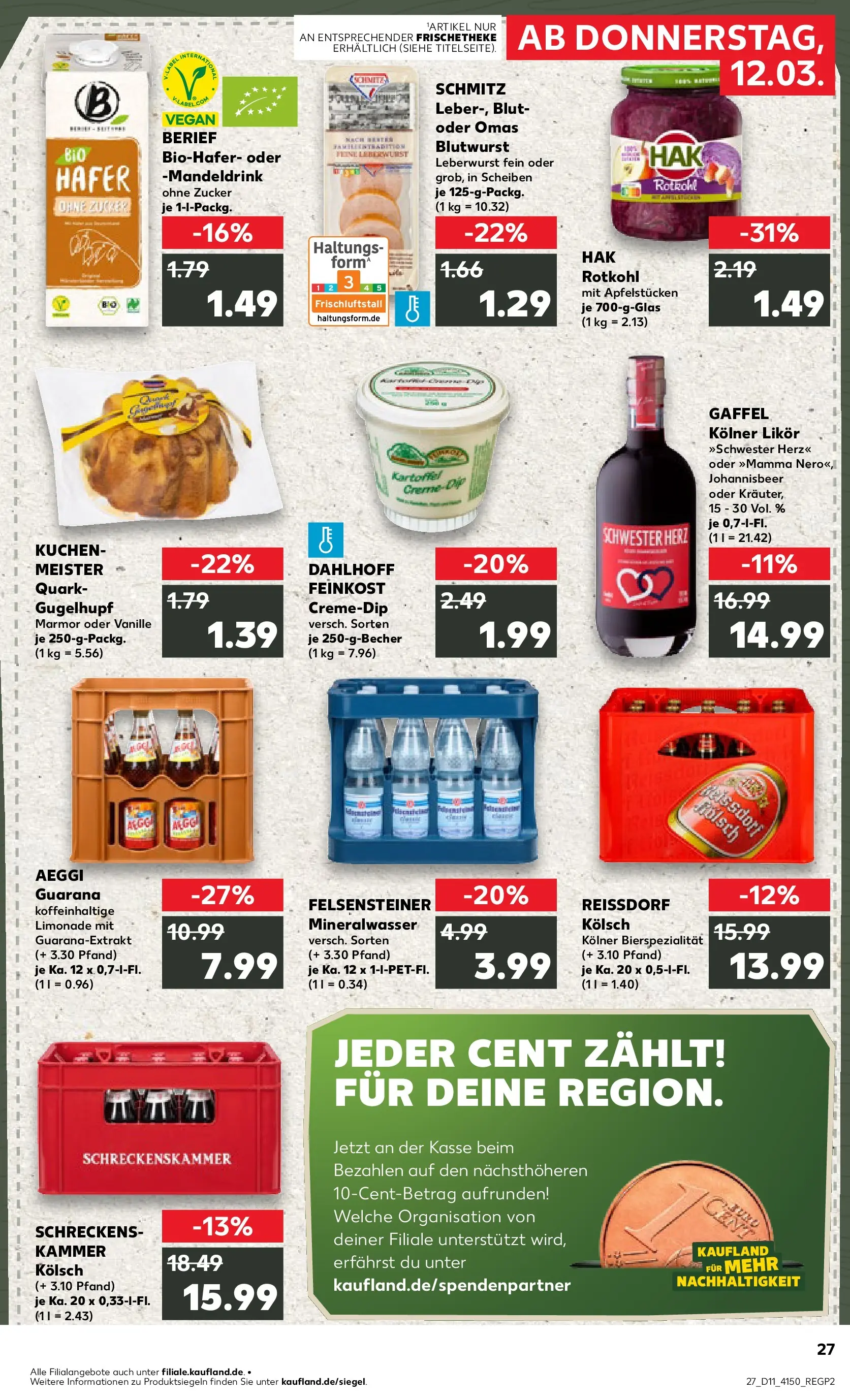 Prospekt Kaufland ab 12.03.2026 » Angebote Online zum Blättern | Seite: 27 | Produkte: Rotkohl, Likör, Mineralwasser, Zucker