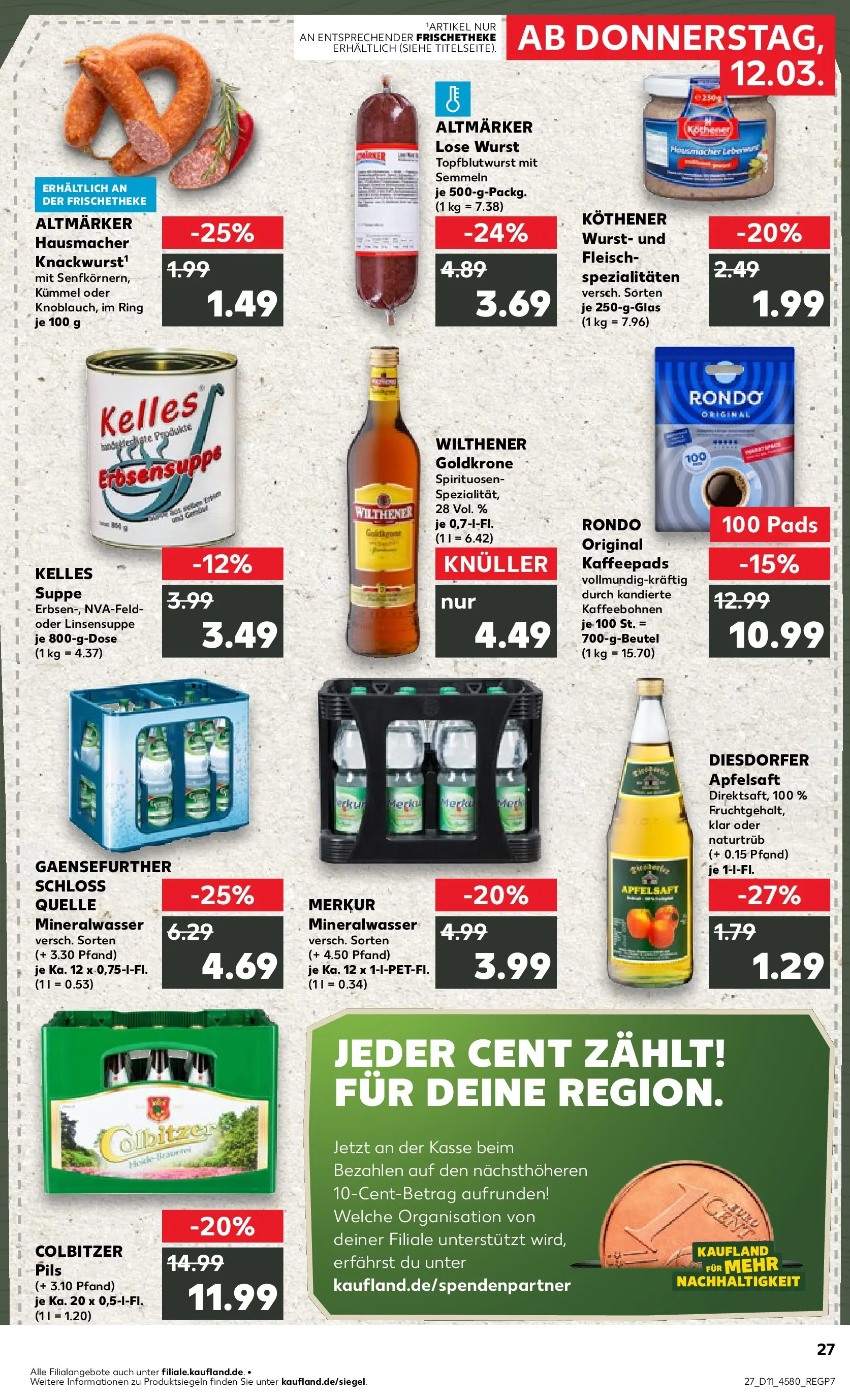 Prospekt Kaufland ab 12.03.2026 » Angebote Online zum Blättern | Seite: 27 | Produkte: Kaffeepads, Pils, Apfelsaft, Wurst
