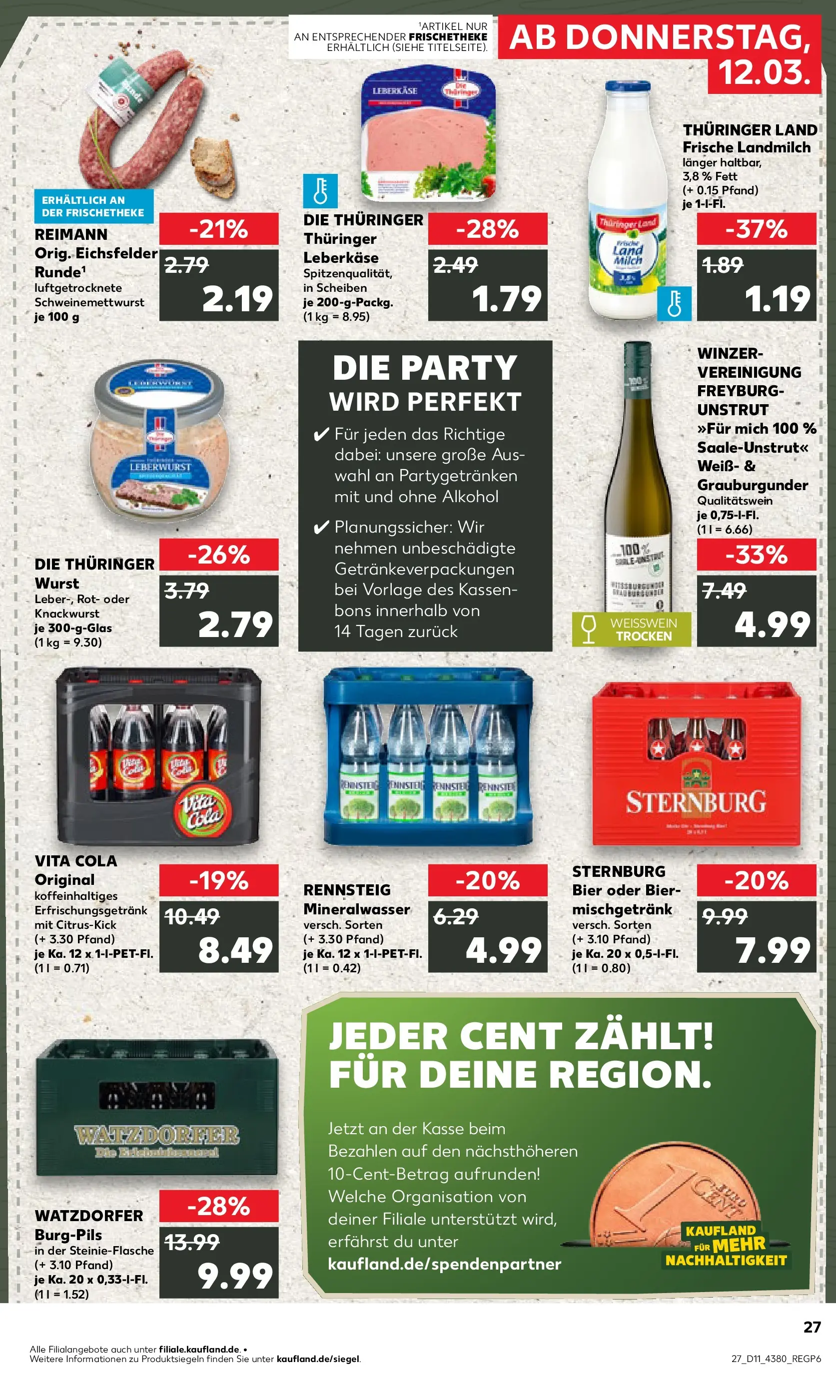 Prospekt Kaufland ab 12.03.2026 » Angebote Online zum Blättern | Seite: 27 | Produkte: Mineralwasser, Wurst, Vita cola, Leberkase