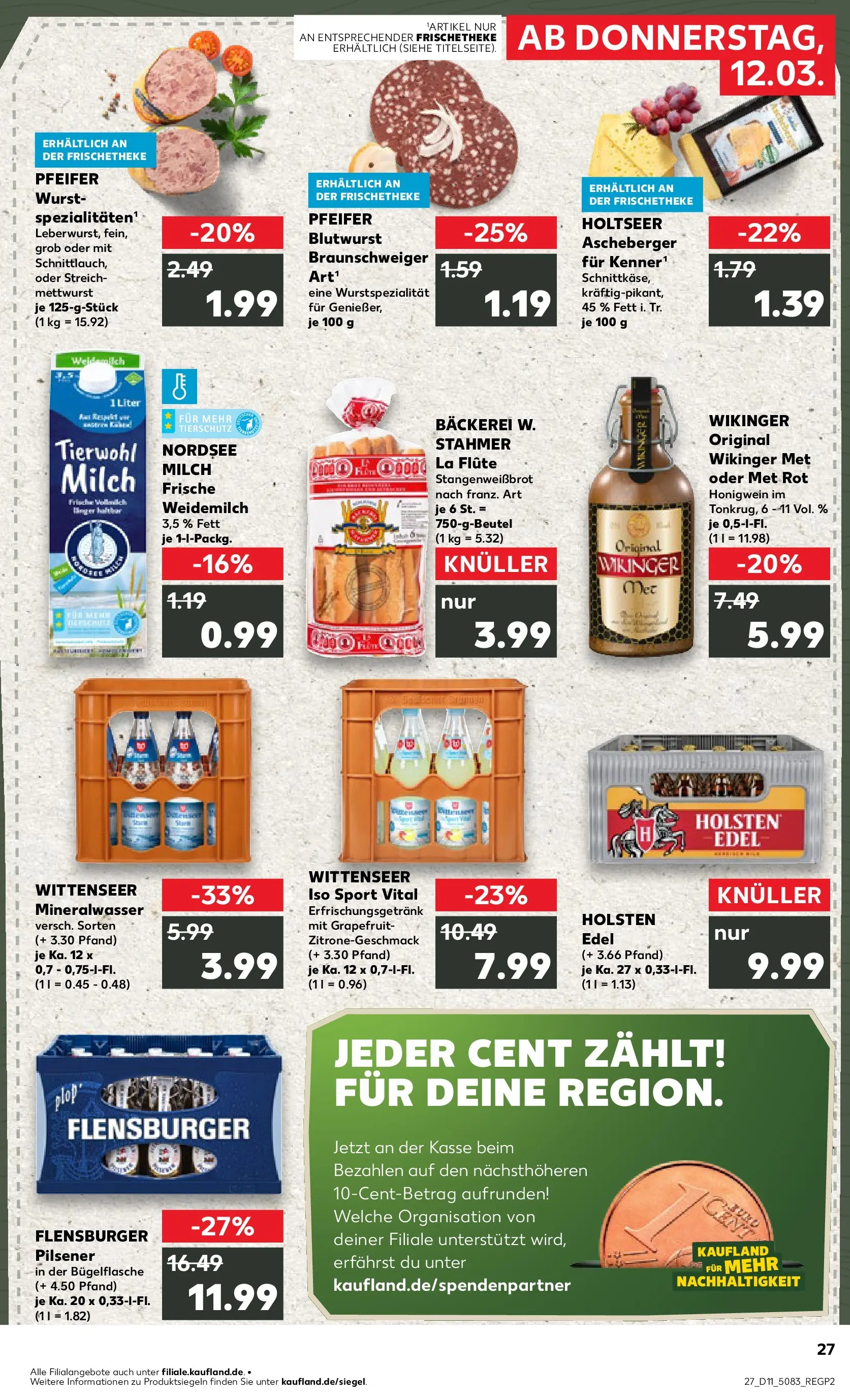 Prospekt Kaufland ab 12.03.2026 » Angebote Online zum Blättern | Seite: 27 | Produkte: Bäckerei, Milch, Holsten edel, Mineralwasser