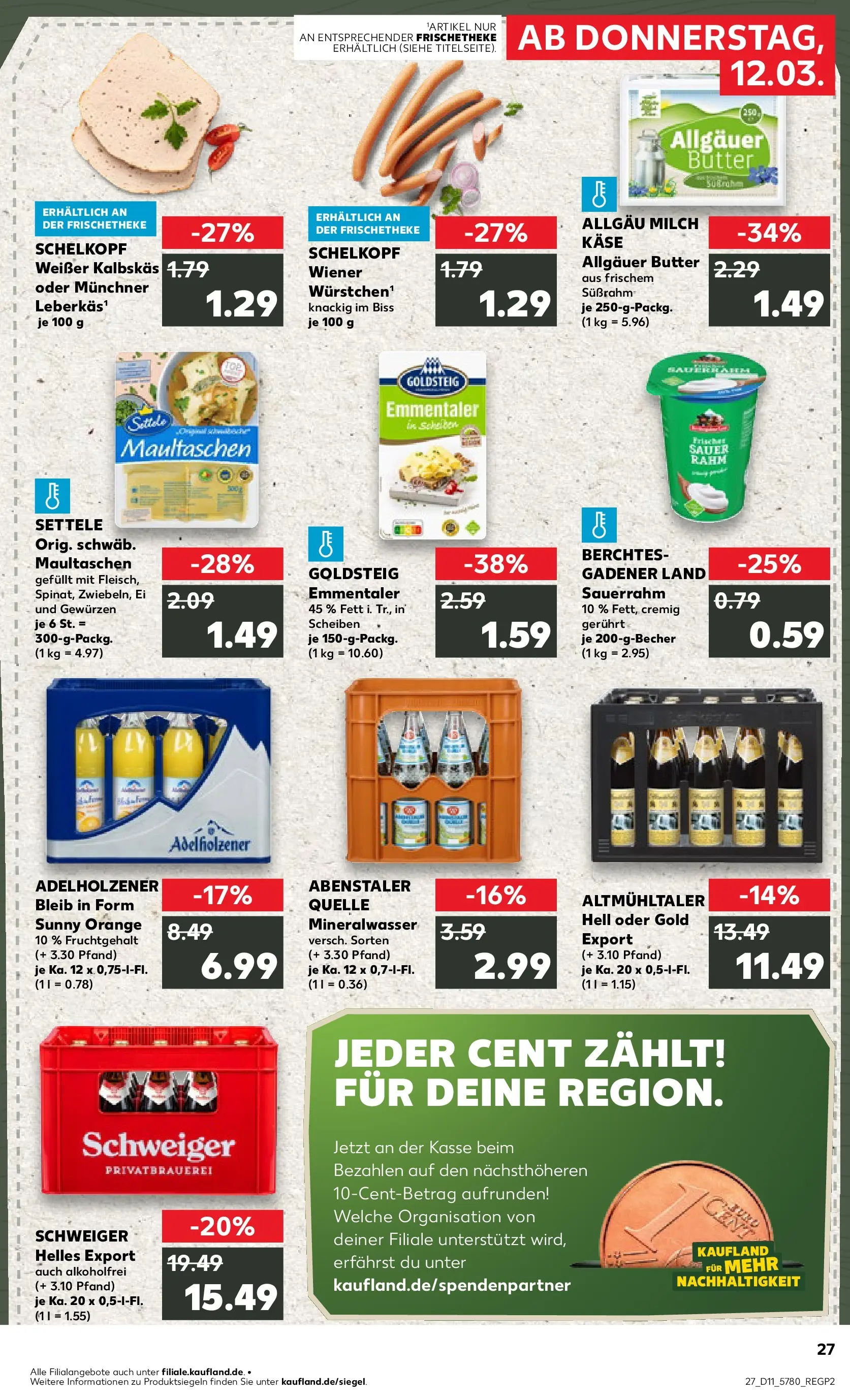 Prospekt Kaufland ab 11.03.2026 » Angebote Online zum Blättern | Seite: 27 | Produkte: Käse, Mineralwasser, Maultaschen, Sauerrahm