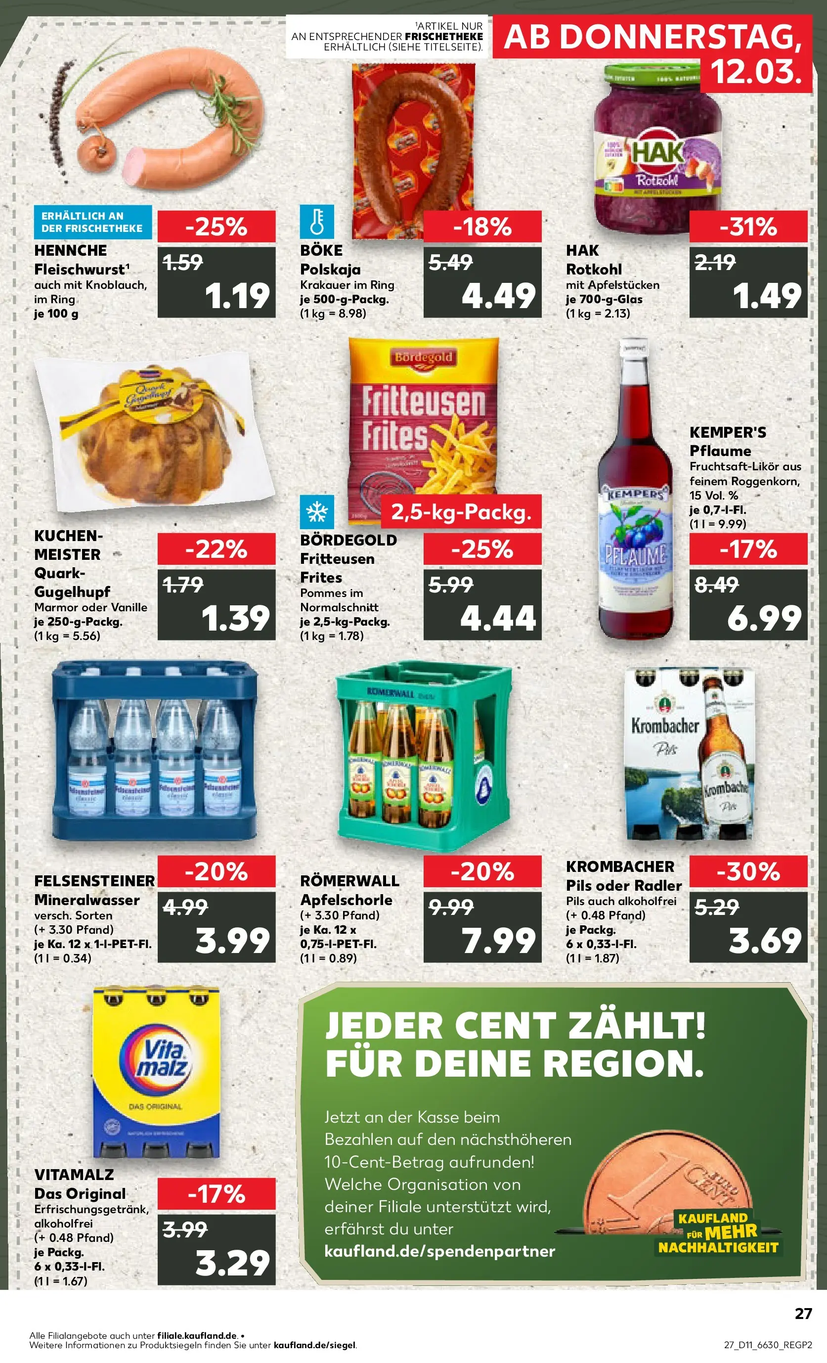 Prospekt Kaufland ab 11.03.2026 » Angebote Online zum Blättern | Seite: 27 | Produkte: Pils, Pommes, Krombacher, Kuchen