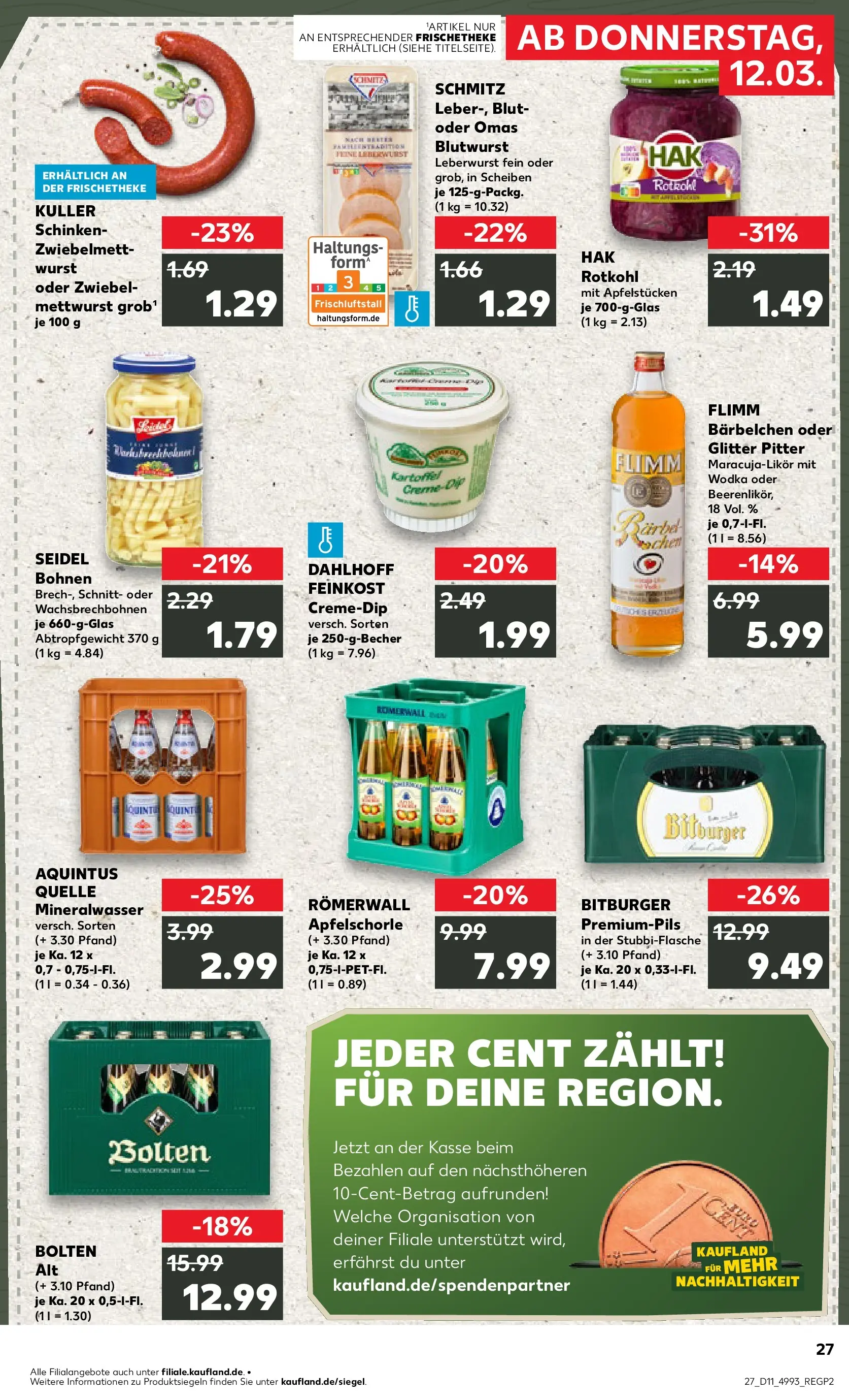 Prospekt Kaufland ab 12.03.2026 » Angebote Online zum Blättern | Seite: 27 | Produkte: Rotkohl, Mineralwasser, Wurst, Wodka