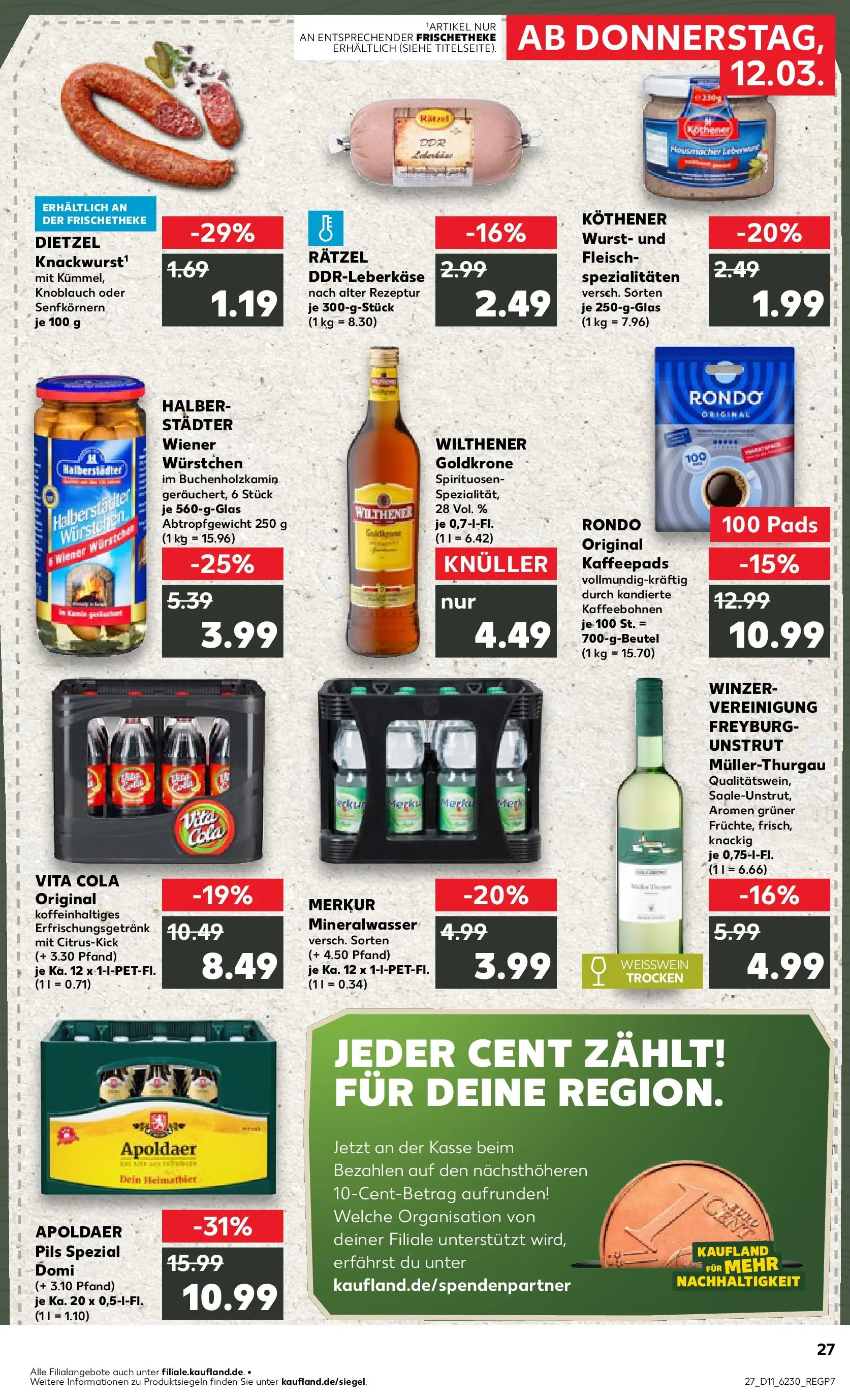Prospekt Kaufland ab 12.03.2026 » Angebote Online zum Blättern | Seite: 27 | Produkte: Cola, Wilthener, Mineralwasser, Wurst