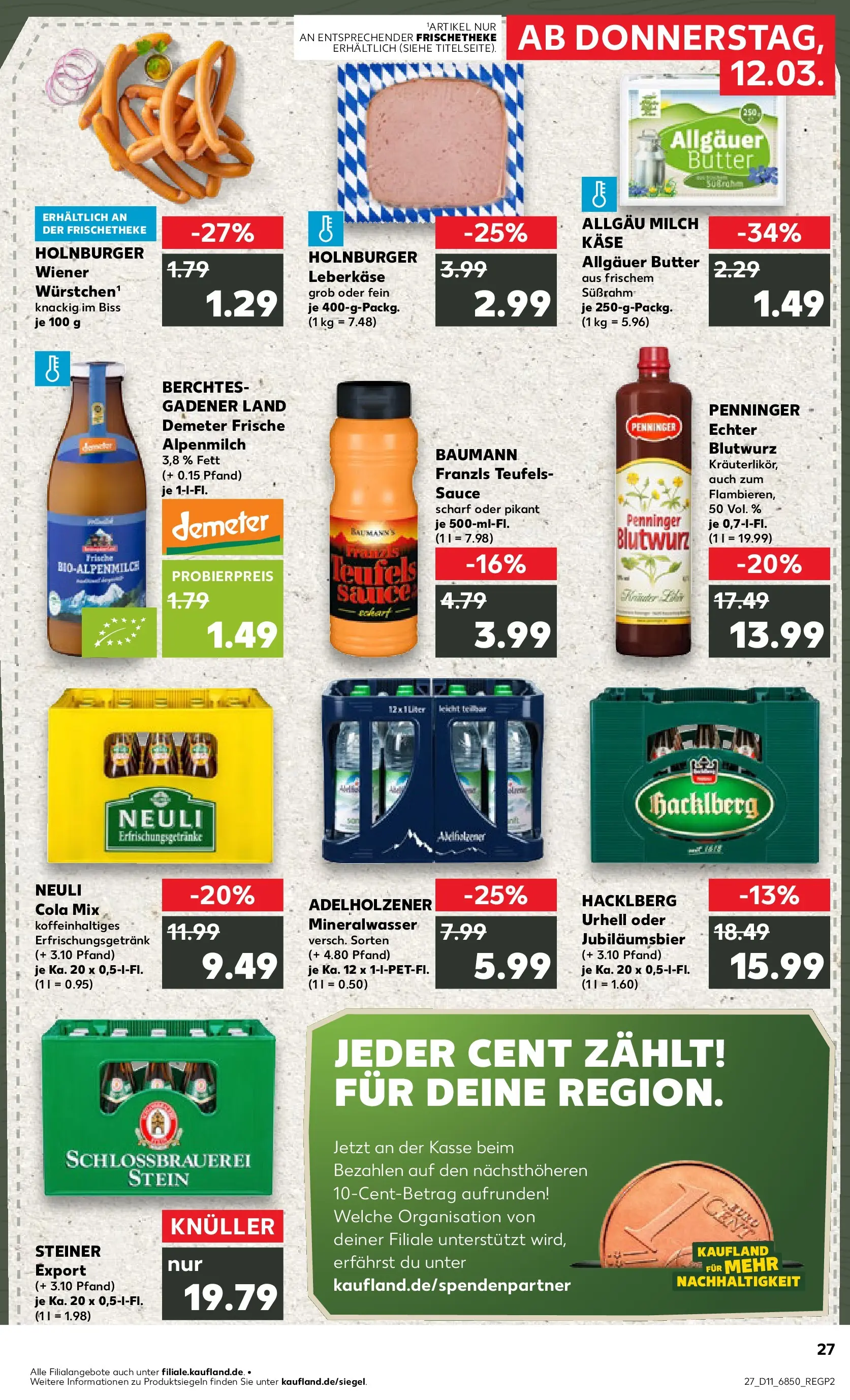 Prospekt Kaufland ab 12.03.2026 » Angebote Online zum Blättern | Seite: 27 | Produkte: Butter, Adelholzener, Mineralwasser, Leberkase