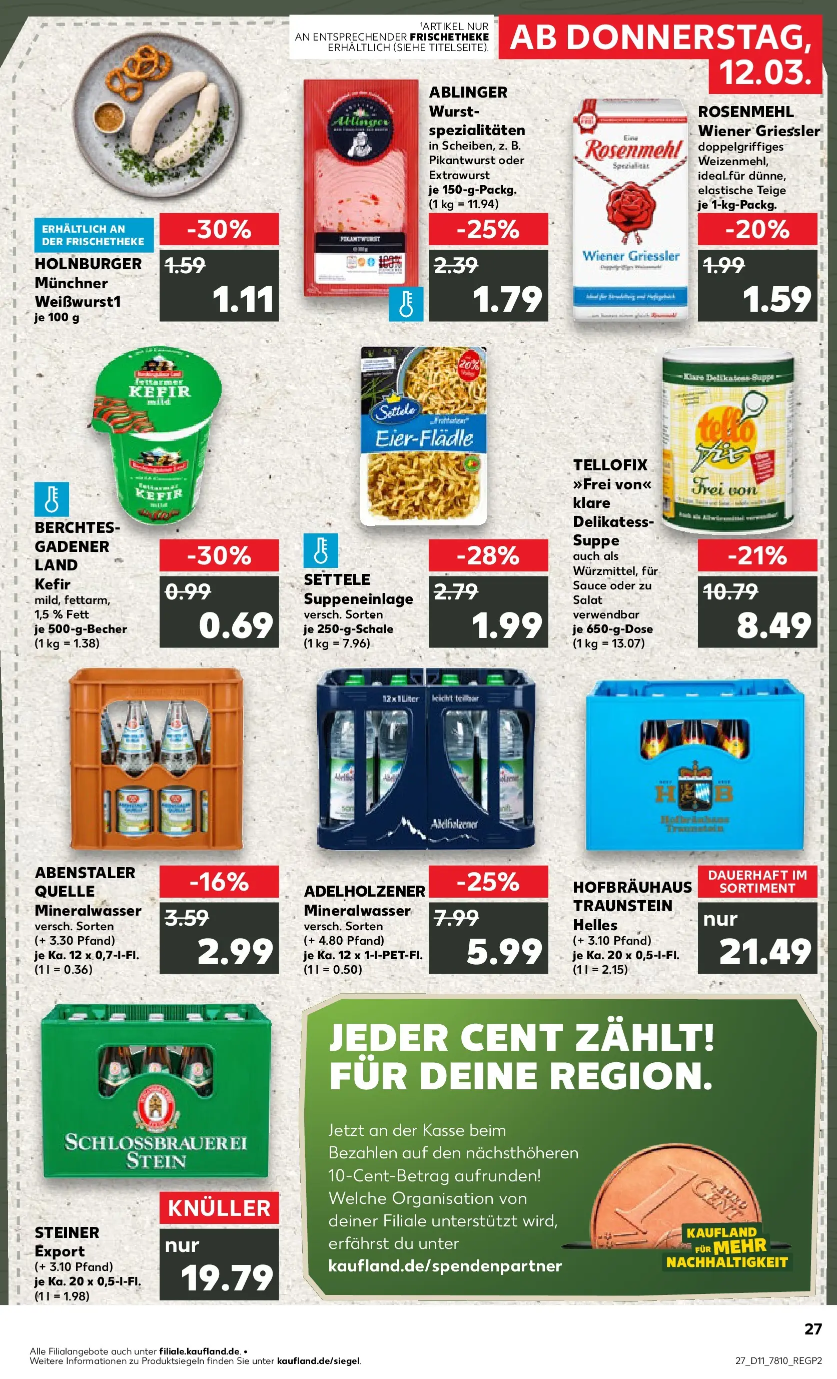 Prospekt Kaufland ab 12.03.2026 » Angebote Online zum Blättern | Seite: 27 | Produkte: Kefir, Adelholzener, Mineralwasser, Wurst