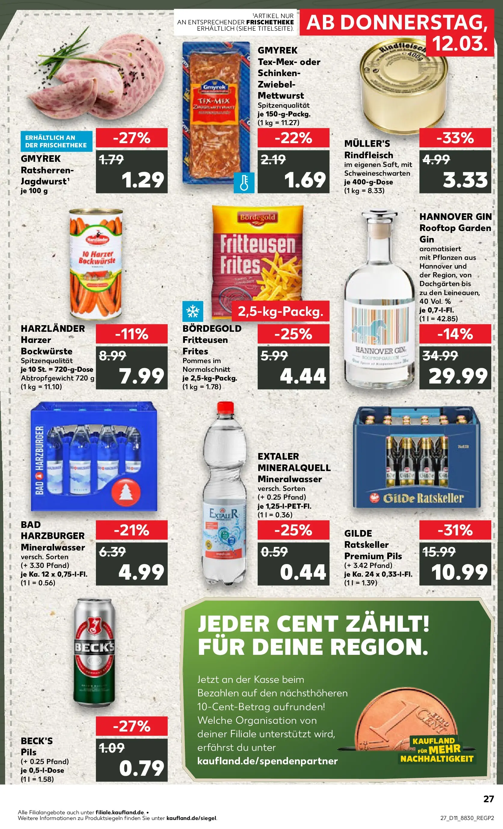 Prospekt Kaufland ab 12.03.2026 » Angebote Online zum Blättern | Seite: 27 | Produkte: Pils, Pommes, Rindfleisch, Gin