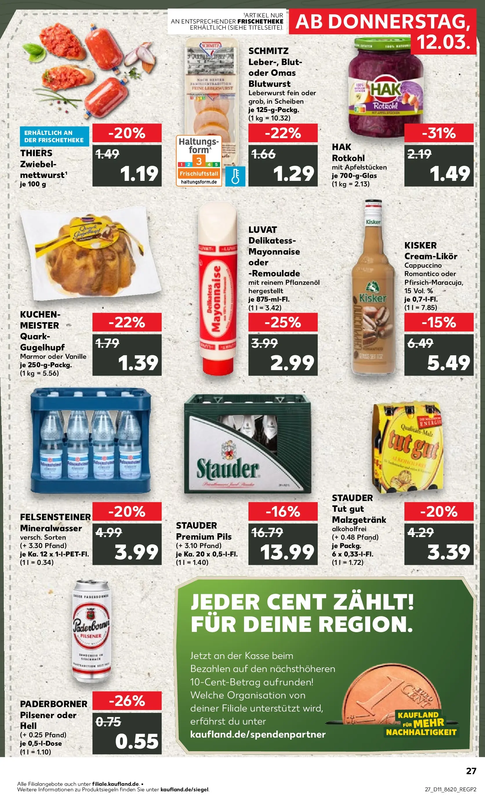 Prospekt Kaufland ab 12.03.2026 » Angebote Online zum Blättern | Seite: 31 | Produkte: Rotkohl, Pils, Mineralwasser, Kuchen