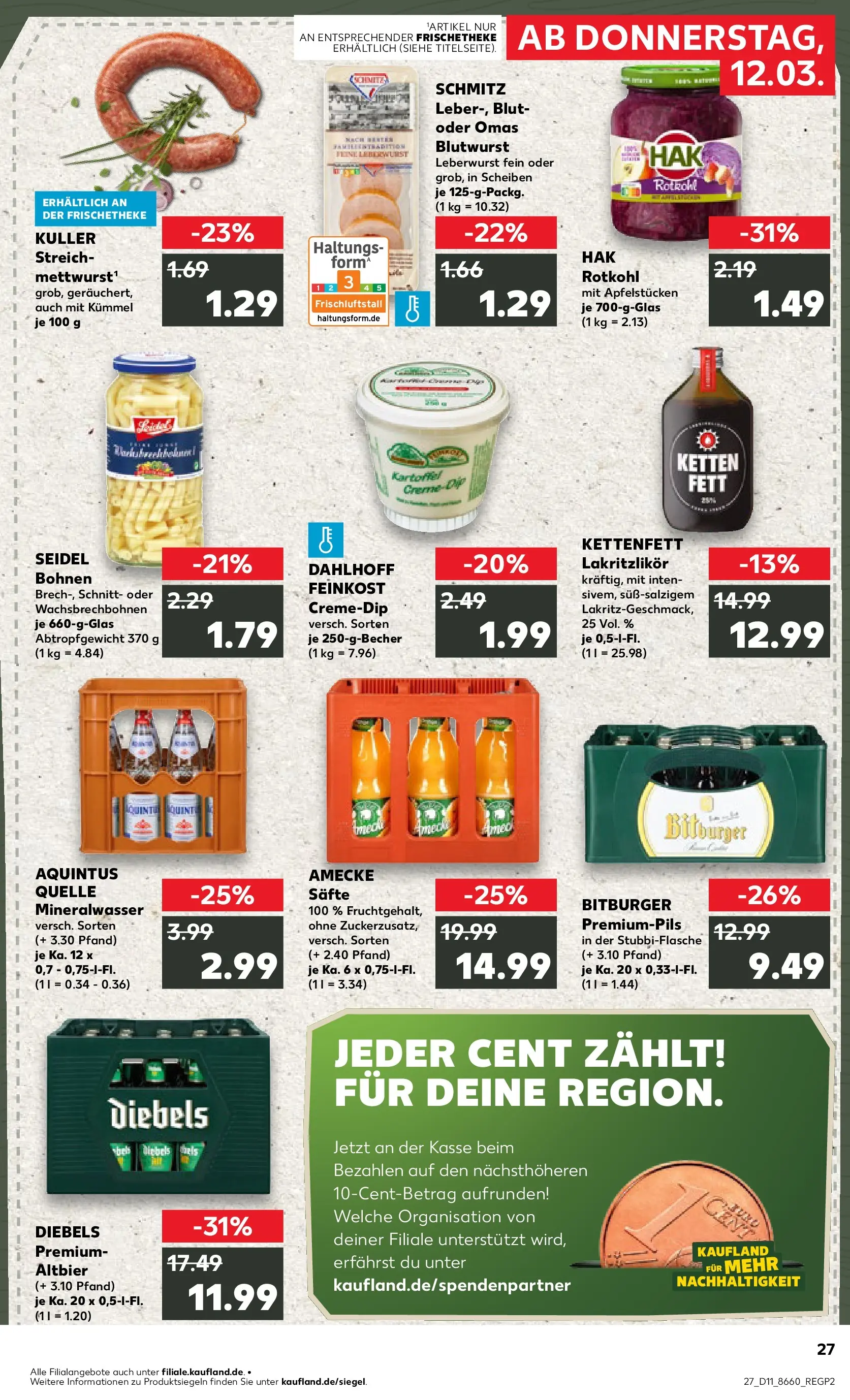Prospekt Kaufland ab 12.03.2026 » Angebote Online zum Blättern | Seite: 27 | Produkte: Bitburger, Rotkohl, Mineralwasser, Diebels
