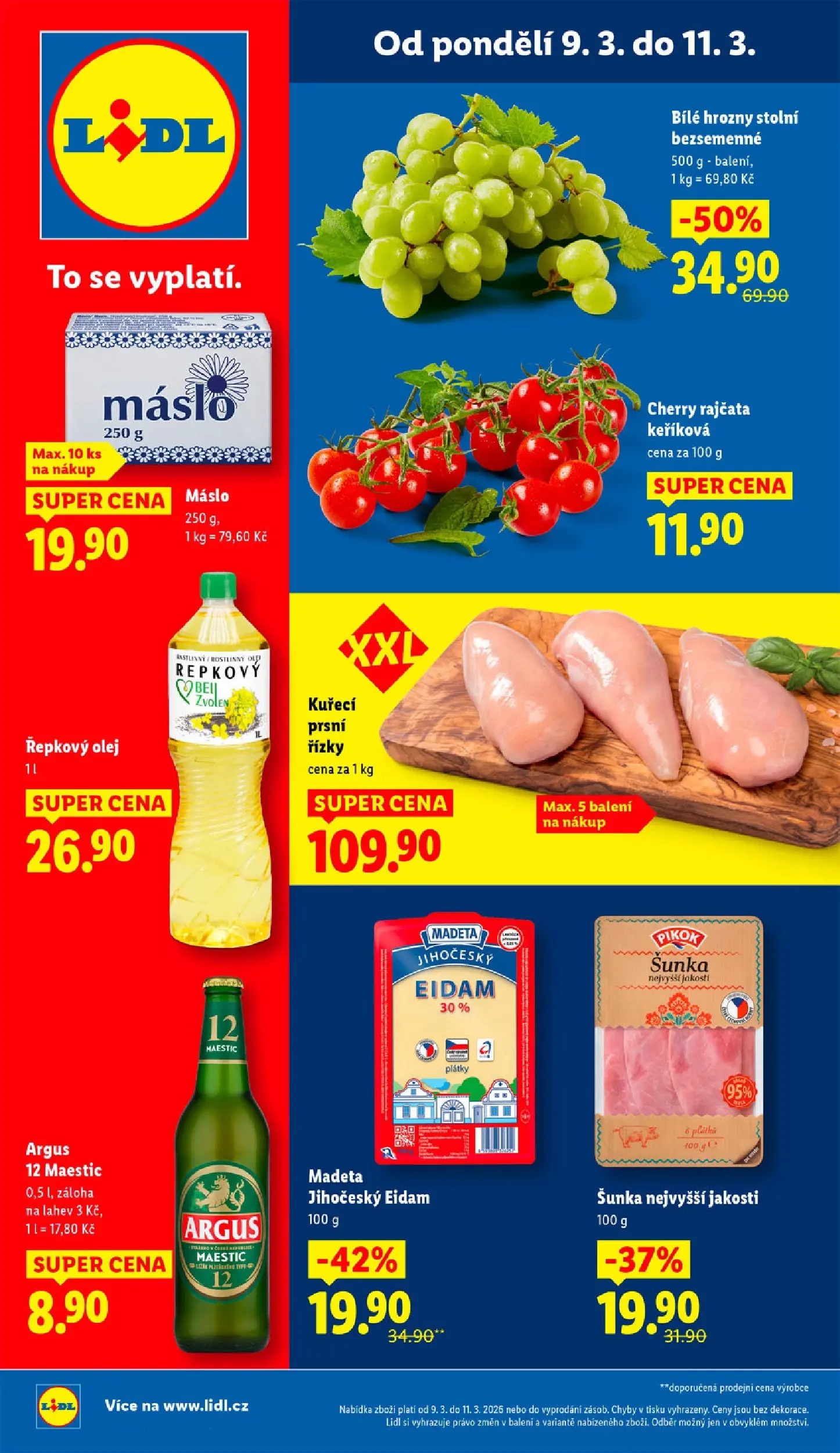 Lidl leták od 08.03.2026 - Nový akční leták | Strana: 1 | Produkty: Argus, Eidam, Bílé hrozny, Pikok