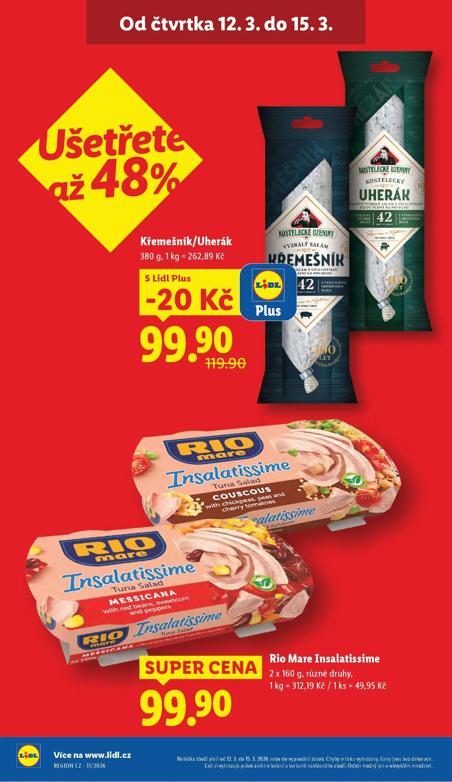 Lidl leták od 12.03.2026 - Nový akční leták | Strana: 4 | Produkty: Uherák, Salám, Rio mare, Uzeniny