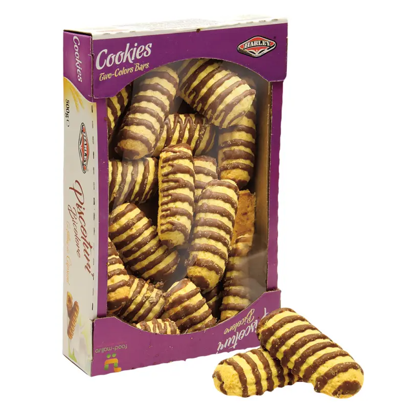 Harley-piscoturi bicolore. Geb&auml;ck mit 30% F&uuml;llung mit Erdbeergeschmack, dekoriert mit 15% kakaohaltiger Fettglasur