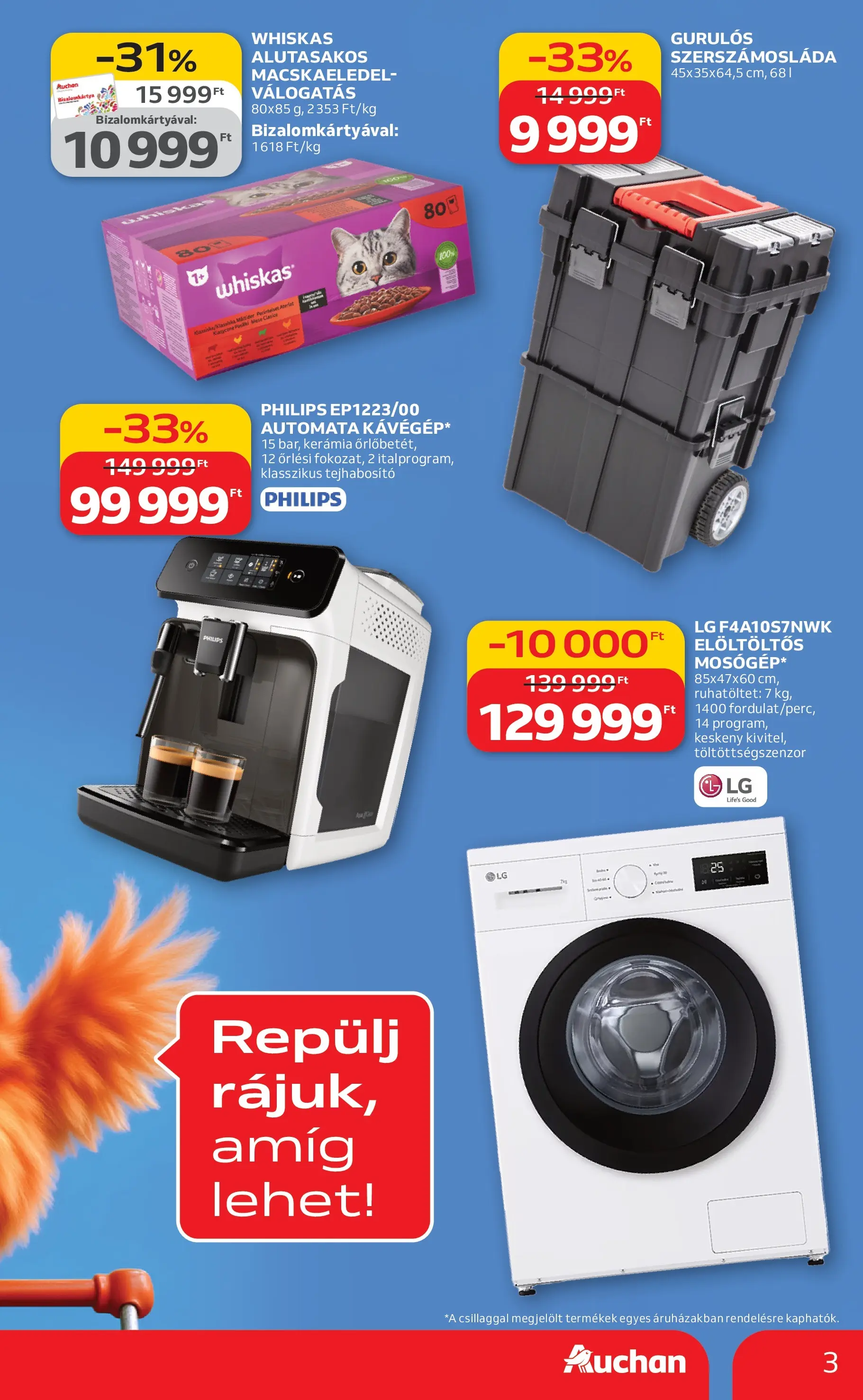 Auchan akciós újság Budapest - 2026.03.12. -tól/töl > akció, lapozható szórólap 🛍️ | Oldal: 3 | Termékek: Macskaeledel, Tejhabosító, Whiskas, Szerszámosláda
