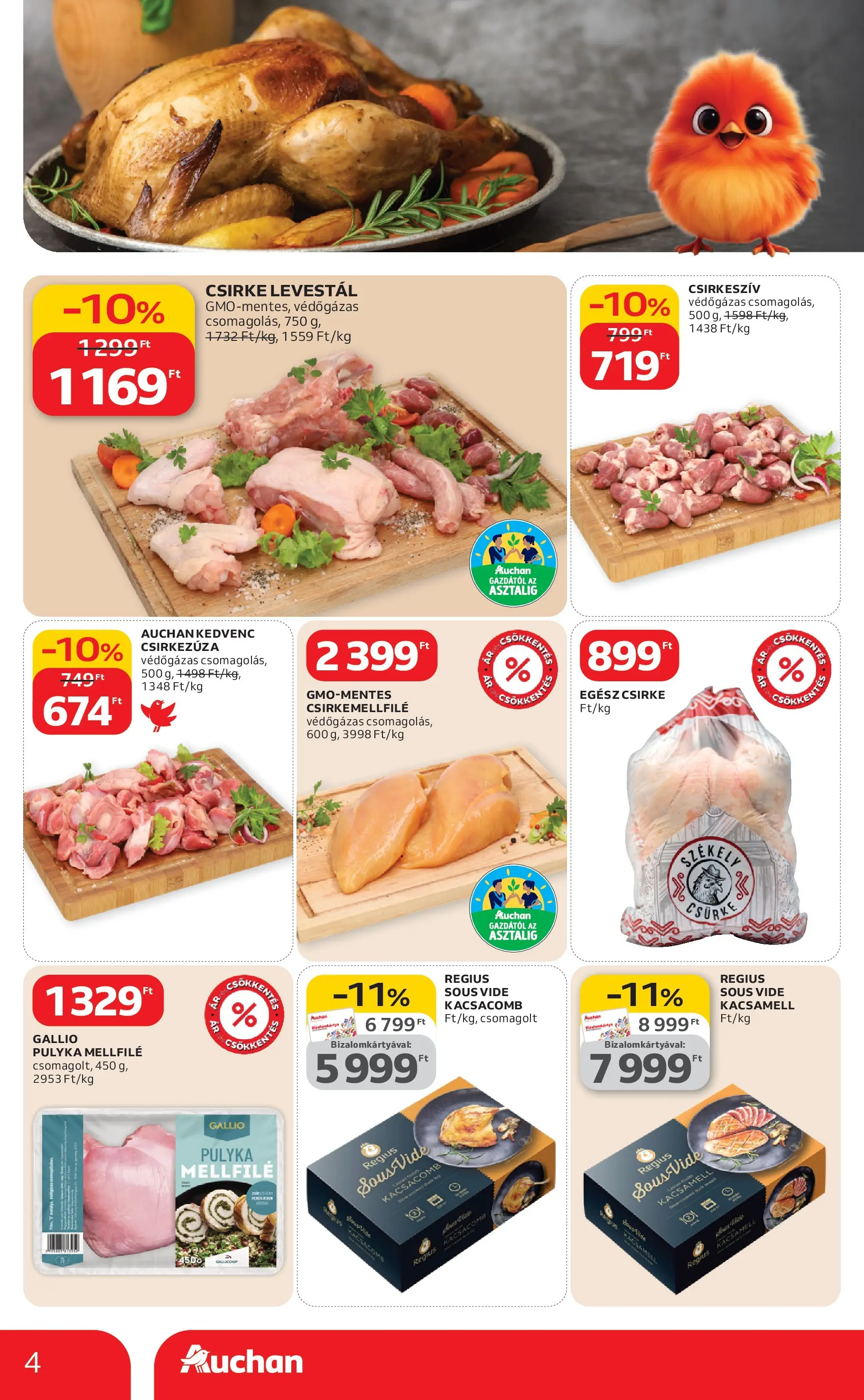 Auchan akciós újság Budapest - 2026.03.12. -tól/töl > akció, lapozható szórólap 🛍️ | Oldal: 4 | Termékek: Kacsacomb, Kacsamell, Egész csirke