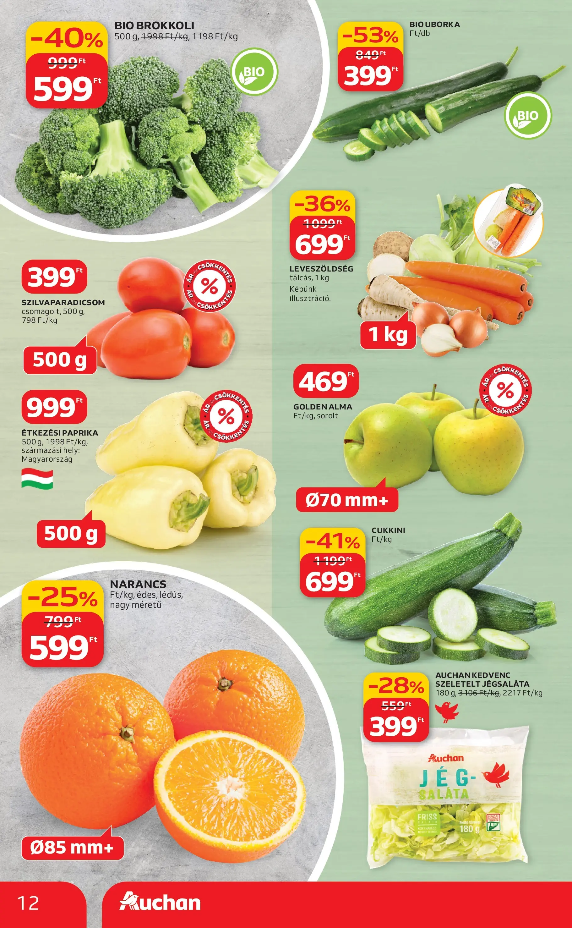 Auchan akciós újság Budapest - 2026.03.12. -tól/töl > akció, lapozható szórólap 🛍️ | Oldal: 12 | Termékek: Cukkini, Narancs, Brokkoli, Uborka