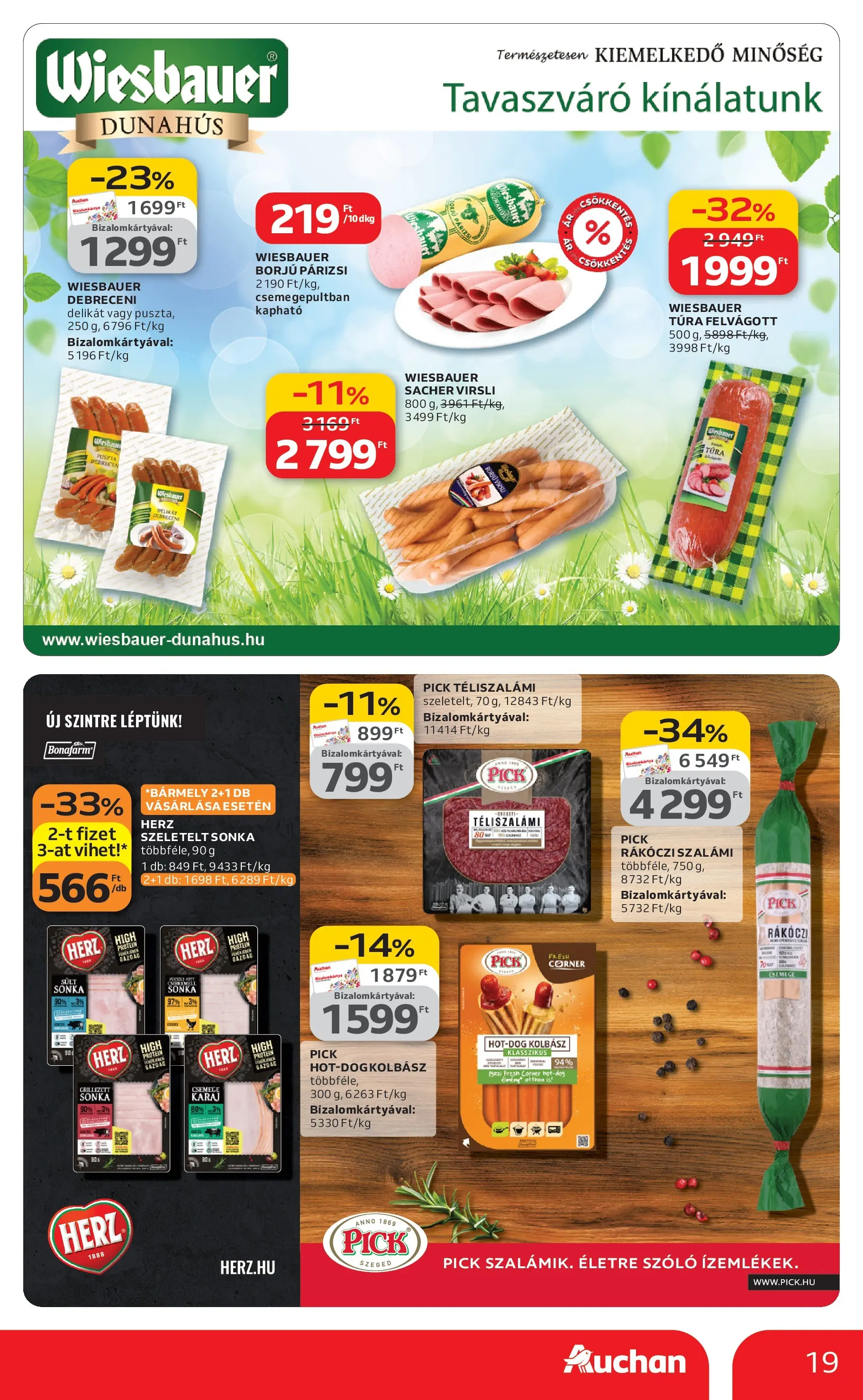 Auchan akciós újság Budapest - 2026.03.12. -tól/töl > akció, lapozható szórólap 🛍️ | Oldal: 19 | Termékek: Rákóczi szalámi, Debreceni, Pick, Párizsi