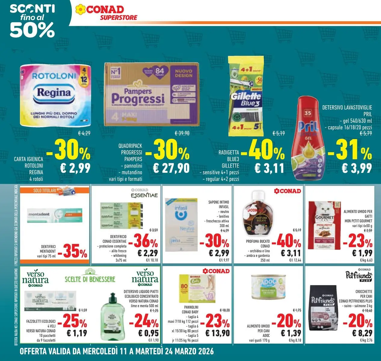 Volantino Conad dal 11/03/2026 > Anteprima | Pagina: 28 | Prodotti: Pannolini, Dentifricio, Lime, Crocchette