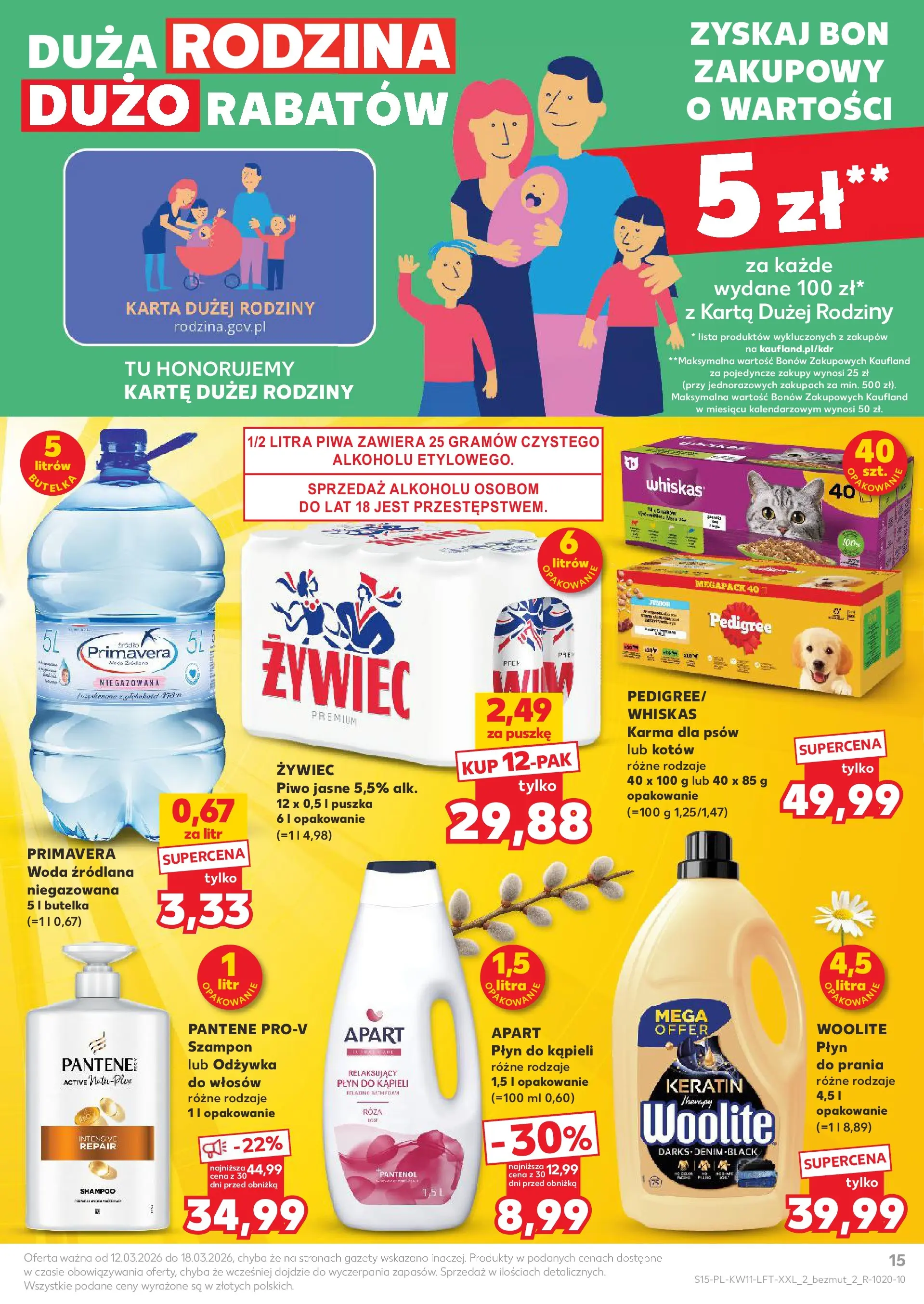 Kaufland gazetka od 12.03.2026 - od jutra PDF | Strona: 15 | Produkty: Karta, Piwo, Szampon, Karma dla psów