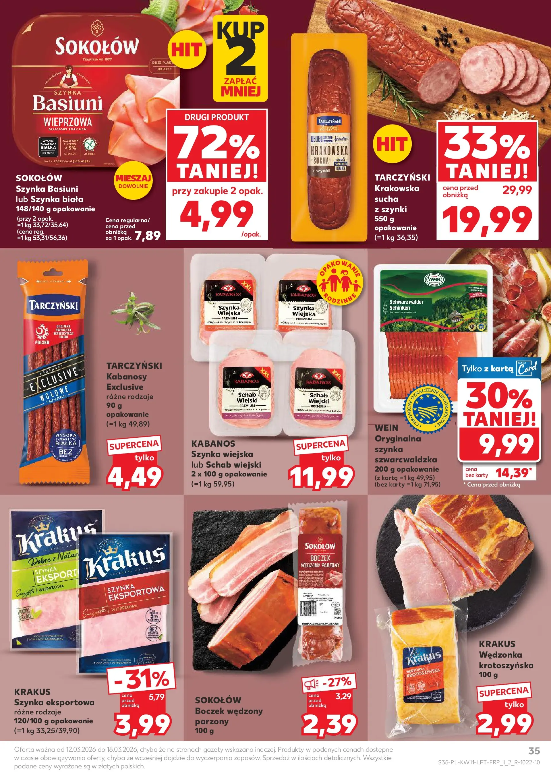 Kaufland gazetka od 12.03.2026 - od jutra PDF | Strona: 35 | Produkty: Karta, Boczek wędzony parzony, Kabanosy, Boczek wędzony