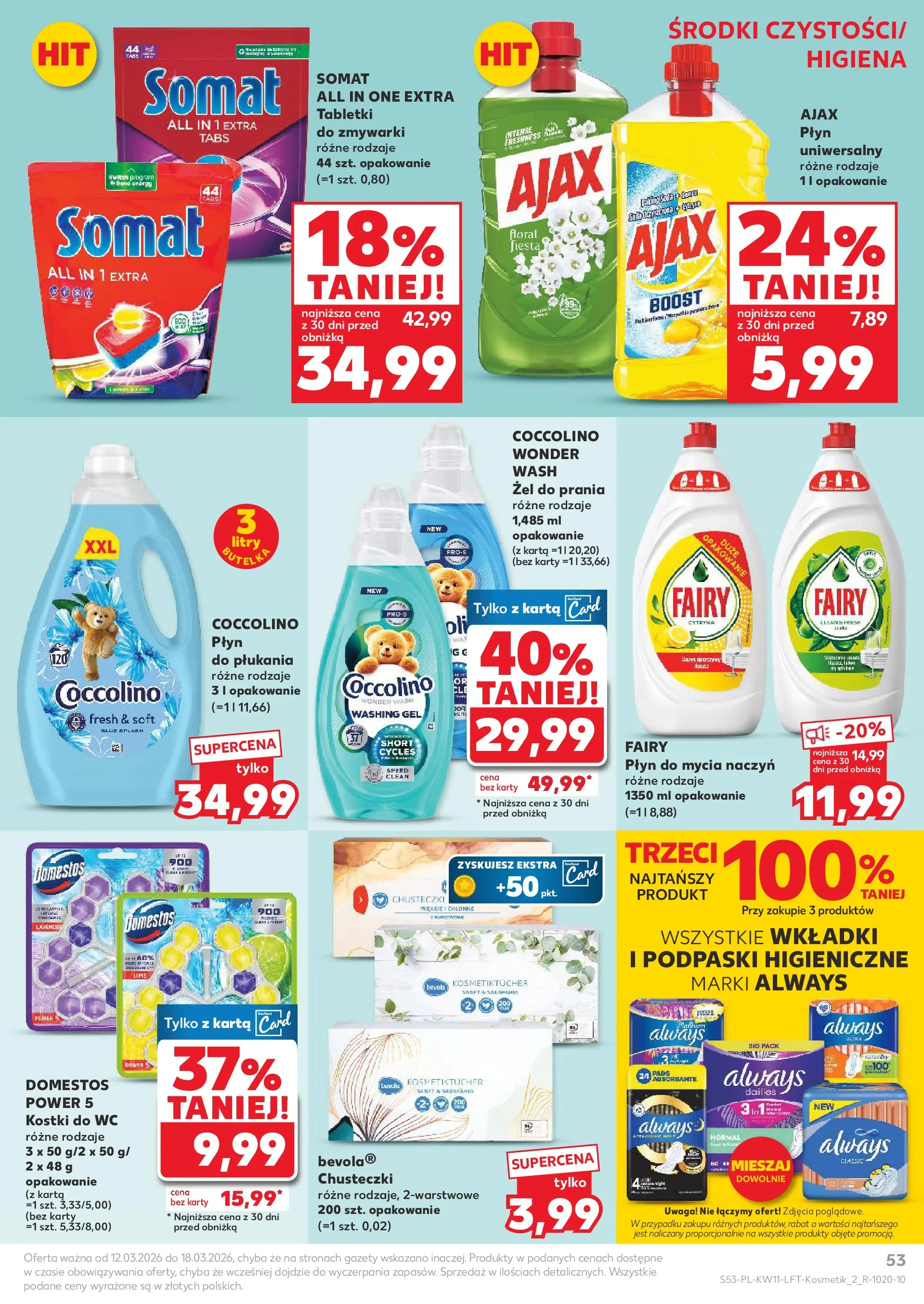 Kaufland gazetka od 12.03.2026 - od jutra PDF | Strona: 53 | Produkty: Kostki do wc, Karta, Fairy, Płyn do mycia naczyń