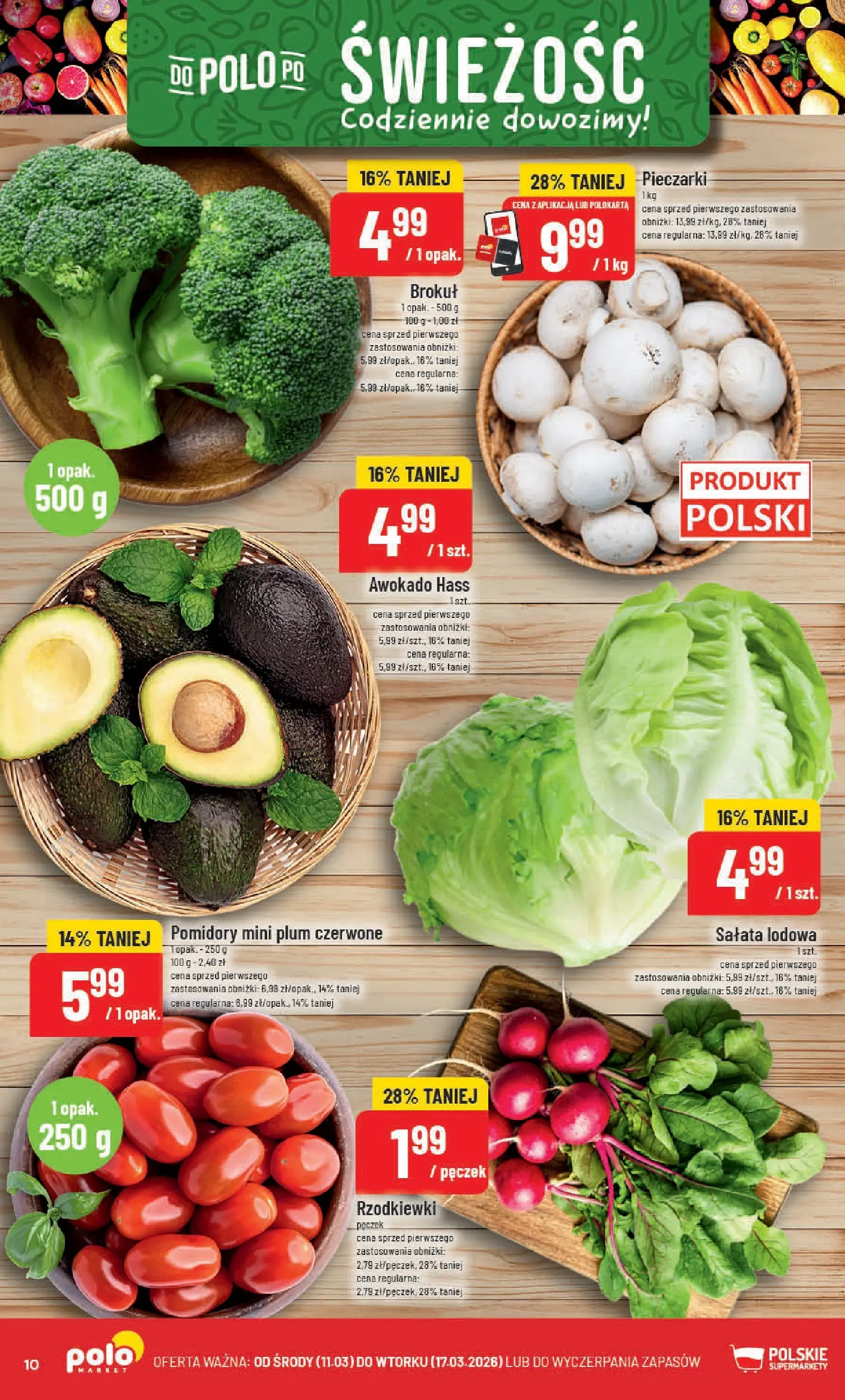 Nowa POLOmarket gazetka od jutra 11.03.2026 (PDF) | Strona: 10 | Produkty: Pieczarki, Brokuł, Pomidory, Awokado