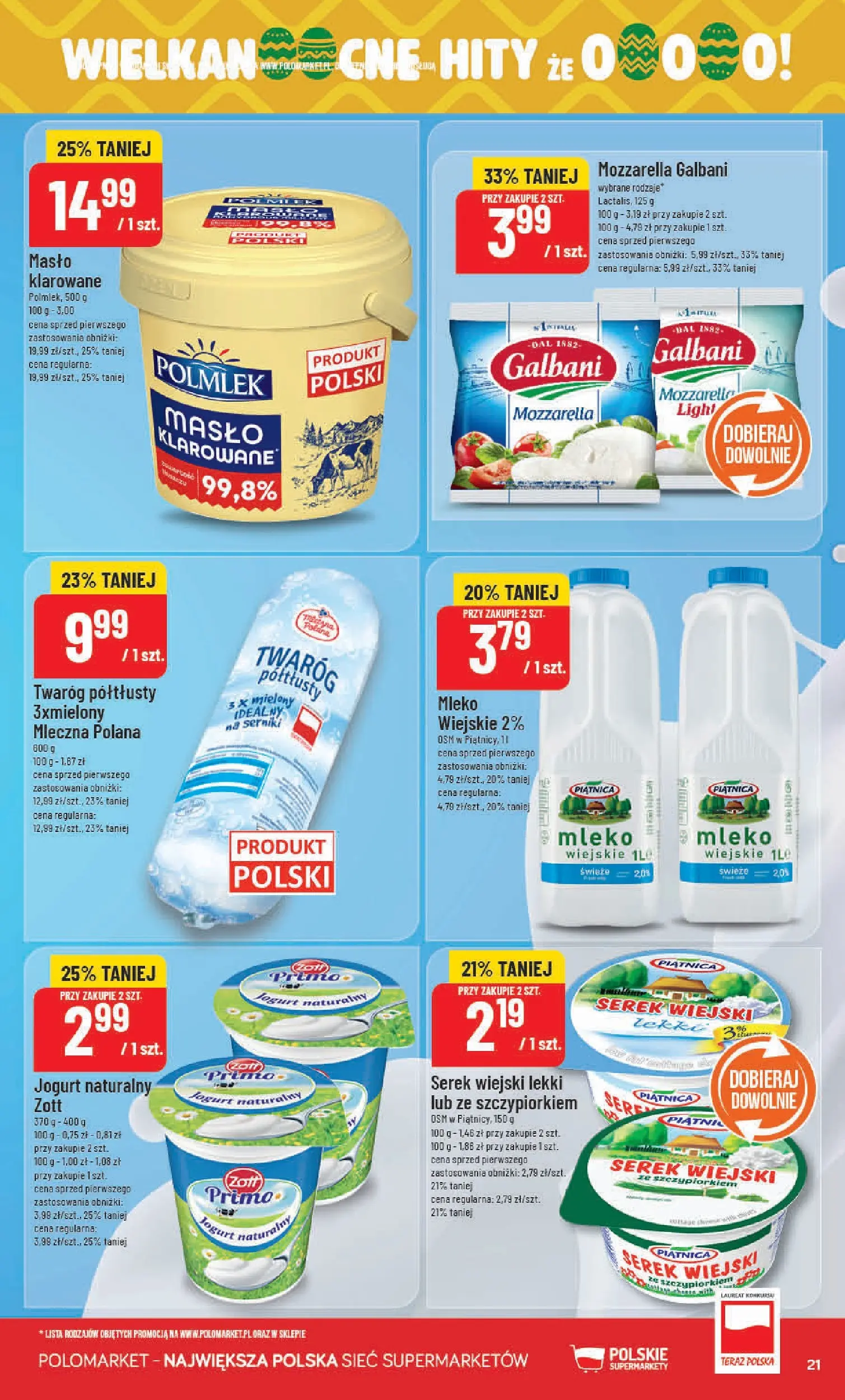 Nowa POLOmarket gazetka od jutra 11.03.2026 (PDF) | Strona: 21 | Produkty: Jogurt naturalny, Mozzarella, Twaróg, Serek wiejski lekki