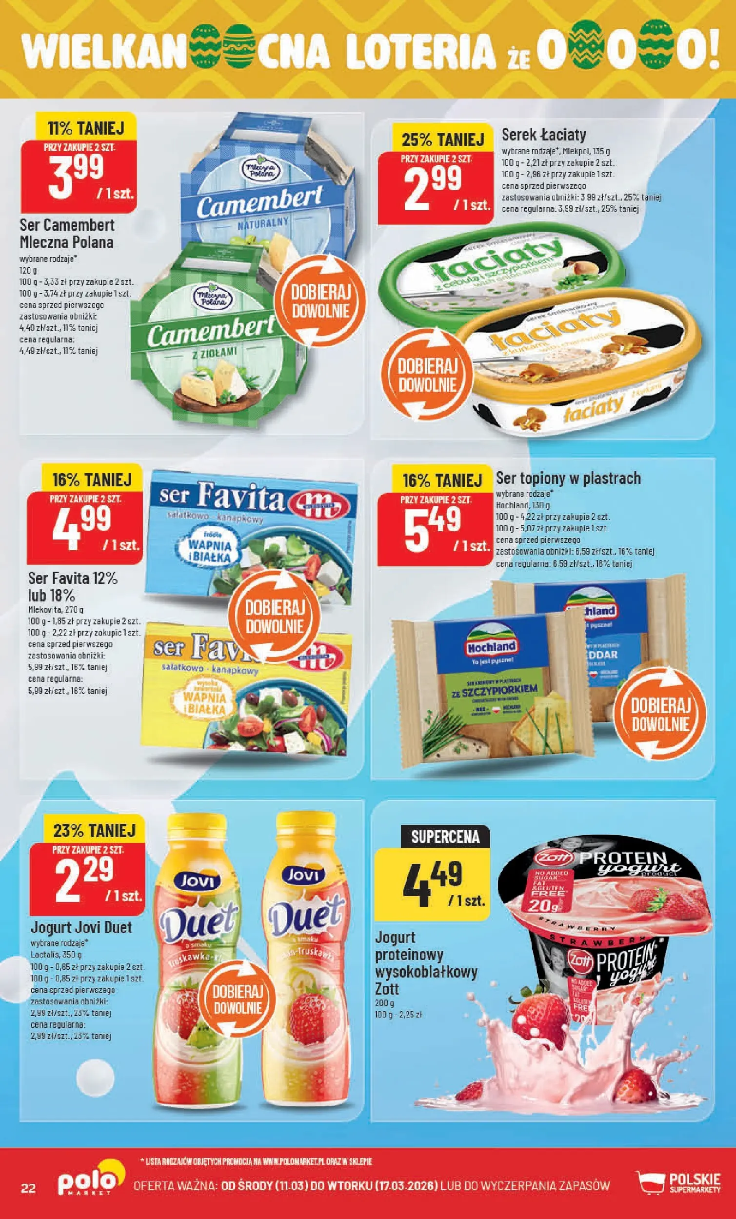 Nowa POLOmarket gazetka od jutra 11.03.2026 (PDF) | Strona: 22 | Produkty: Ser topiony, Ser favita, Serek, Ser camembert