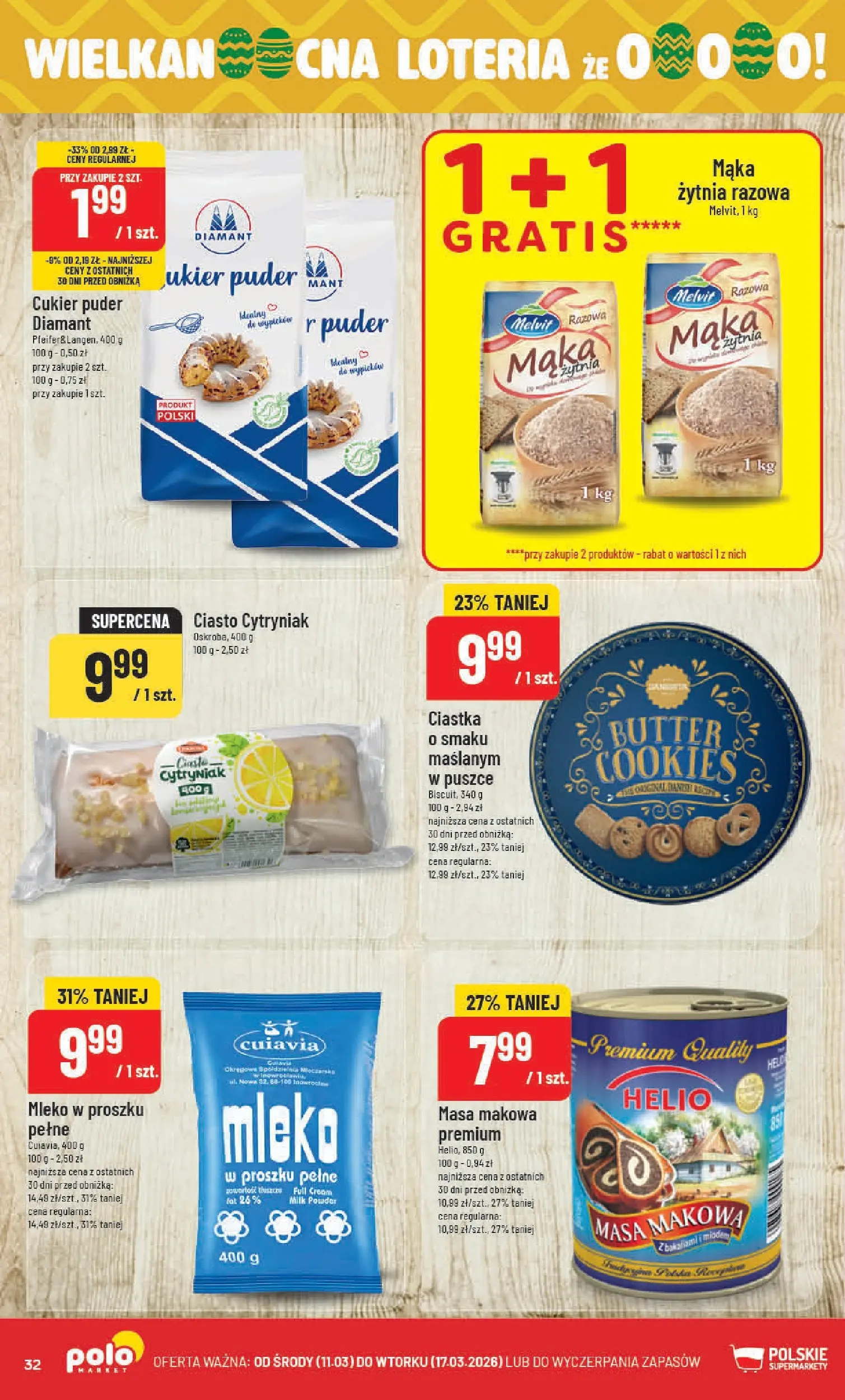Nowa POLOmarket gazetka od jutra 11.03.2026 (PDF) | Strona: 32 | Produkty: Masa makowa, Mleko, Ciastka, Cukier