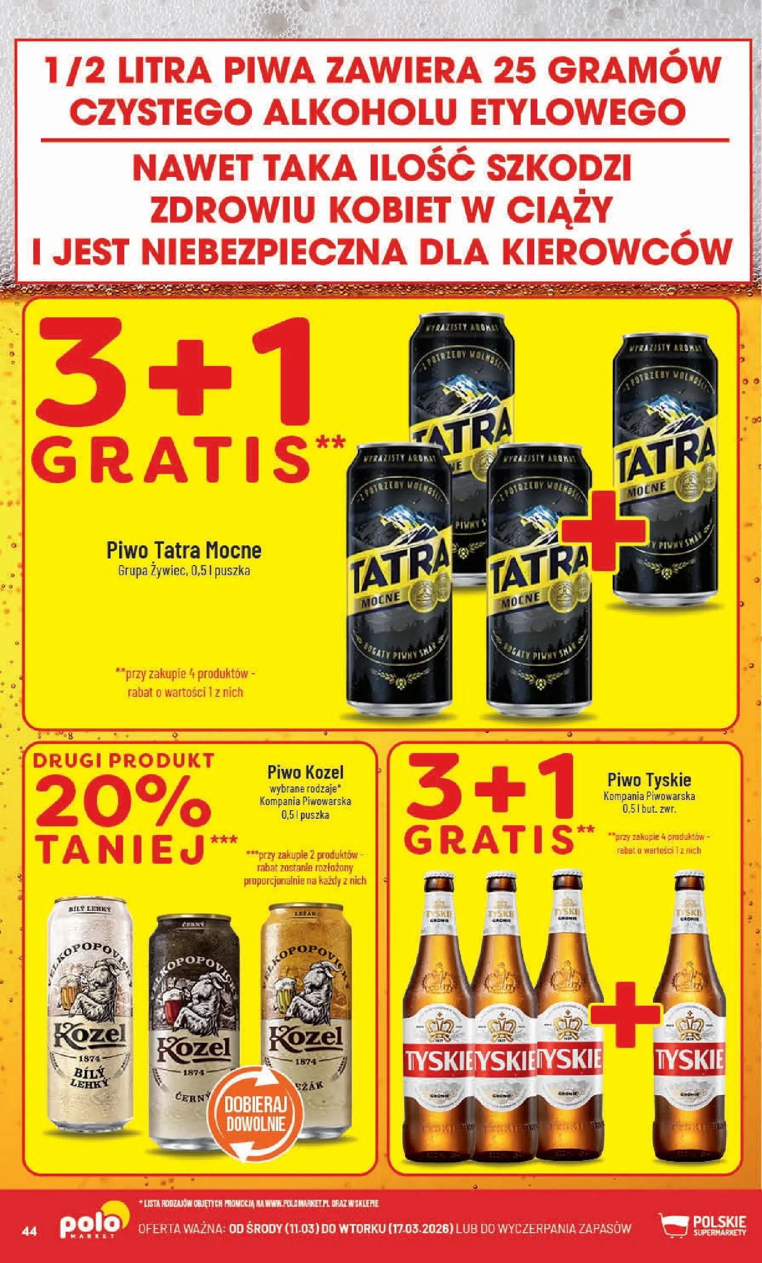 Nowa POLOmarket gazetka od jutra 11.03.2026 (PDF) | Strona: 44 | Produkty: Tyskie, Piwo, Piwo kozel
