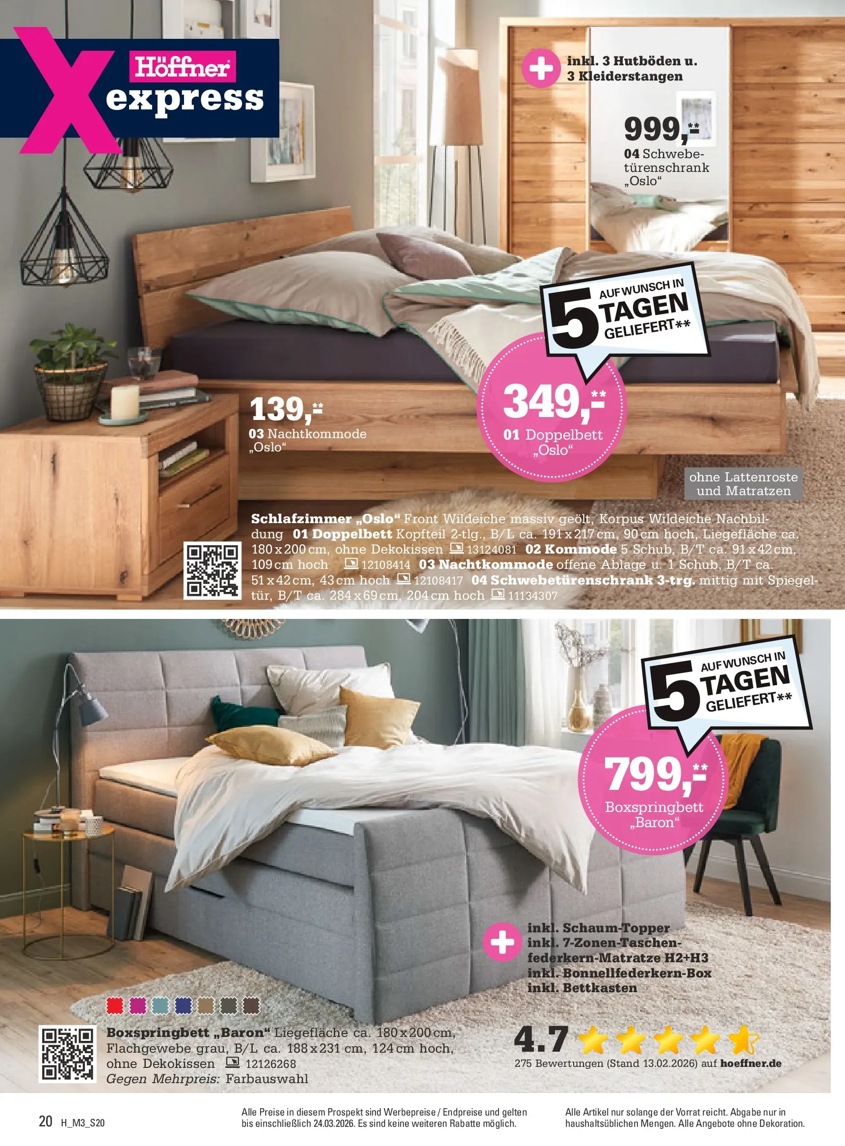 Höffner - Höffner: Möbelangebote (ab 10.03.2026) zum Blättern | Seite: 20 | Produkte: Kommode, Schwebetürenschrank, Boxspringbett, Doppelbett