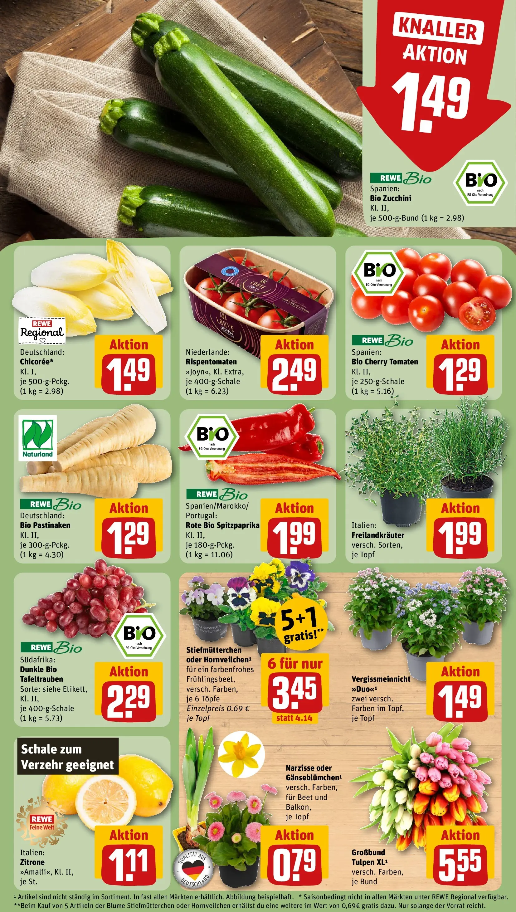 REWE Prospekt ab 15.03.2026 zum Blättern » Angebote | Seite: 9 | Produkte: Stiefmutterchen, Tomaten, Zitrone, Zucchini