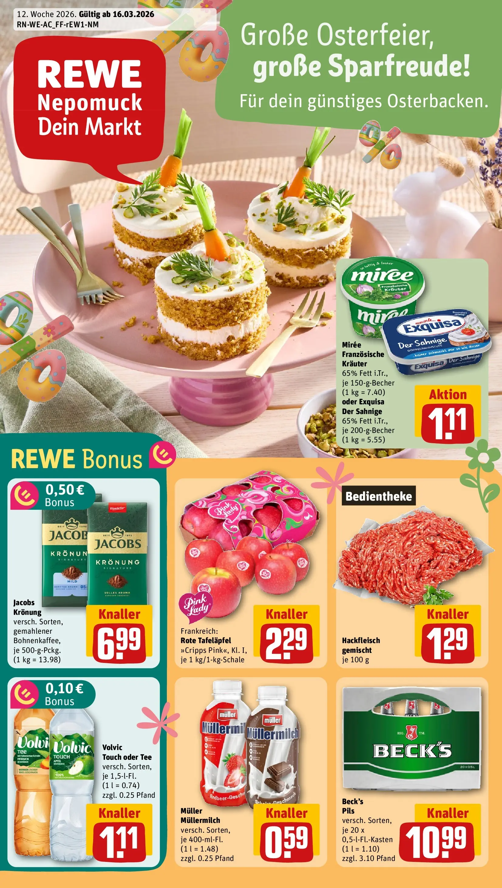 REWE Prospekt ab 15.03.2026 zum Blättern » Angebote | Seite: 1 | Produkte: Exquisa, Zucker, Müllermilch, Hackfleisch