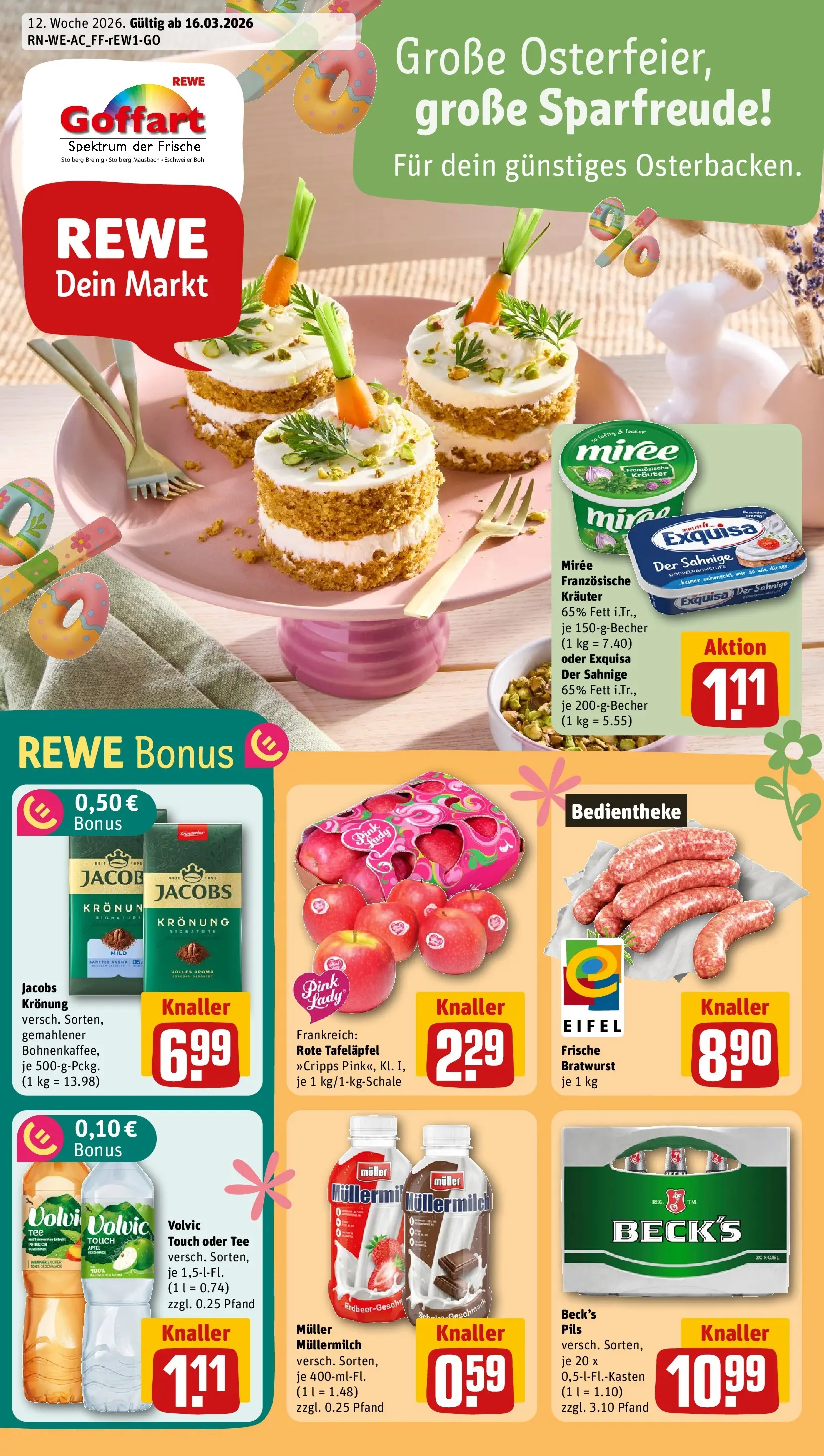 REWE Prospekt ab 15.03.2026 zum Blättern » Angebote | Seite: 1 | Produkte: Bratwurst, Volvic touch, Exquisa, Pfirsich